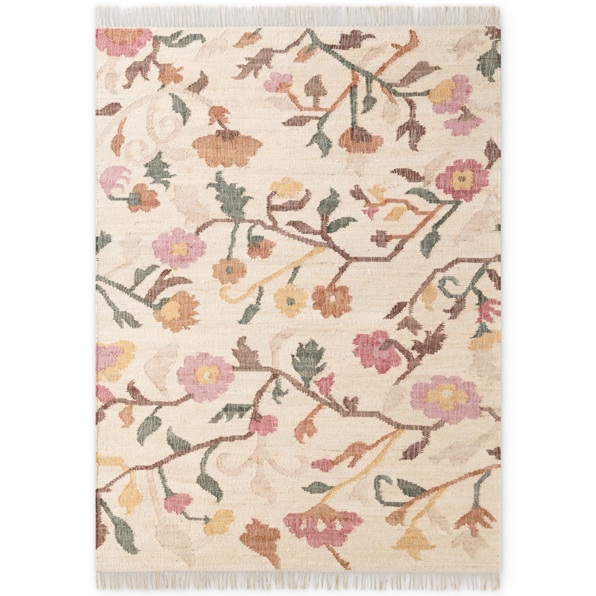 Jutový koberec do obývačky 80x150 cm, krémový s farebnými kvetmi, s strapcami
