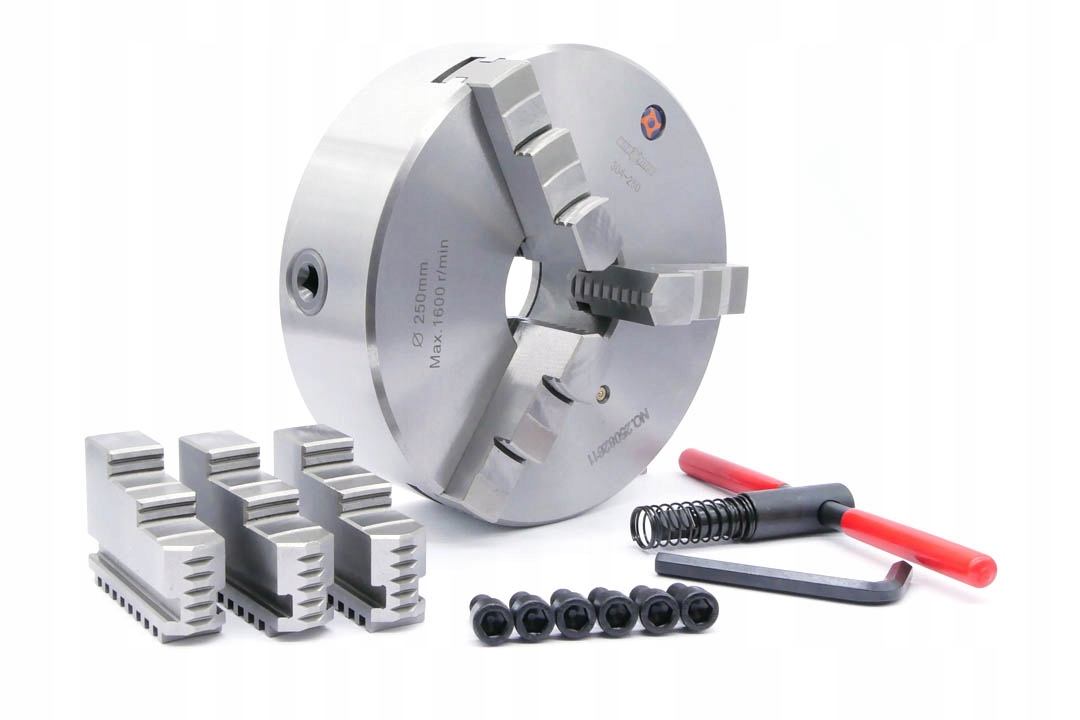 Uchwyt tokarski samocentrujący spiralny, żeliwny 3 szczękowy: 250 MM Darmet