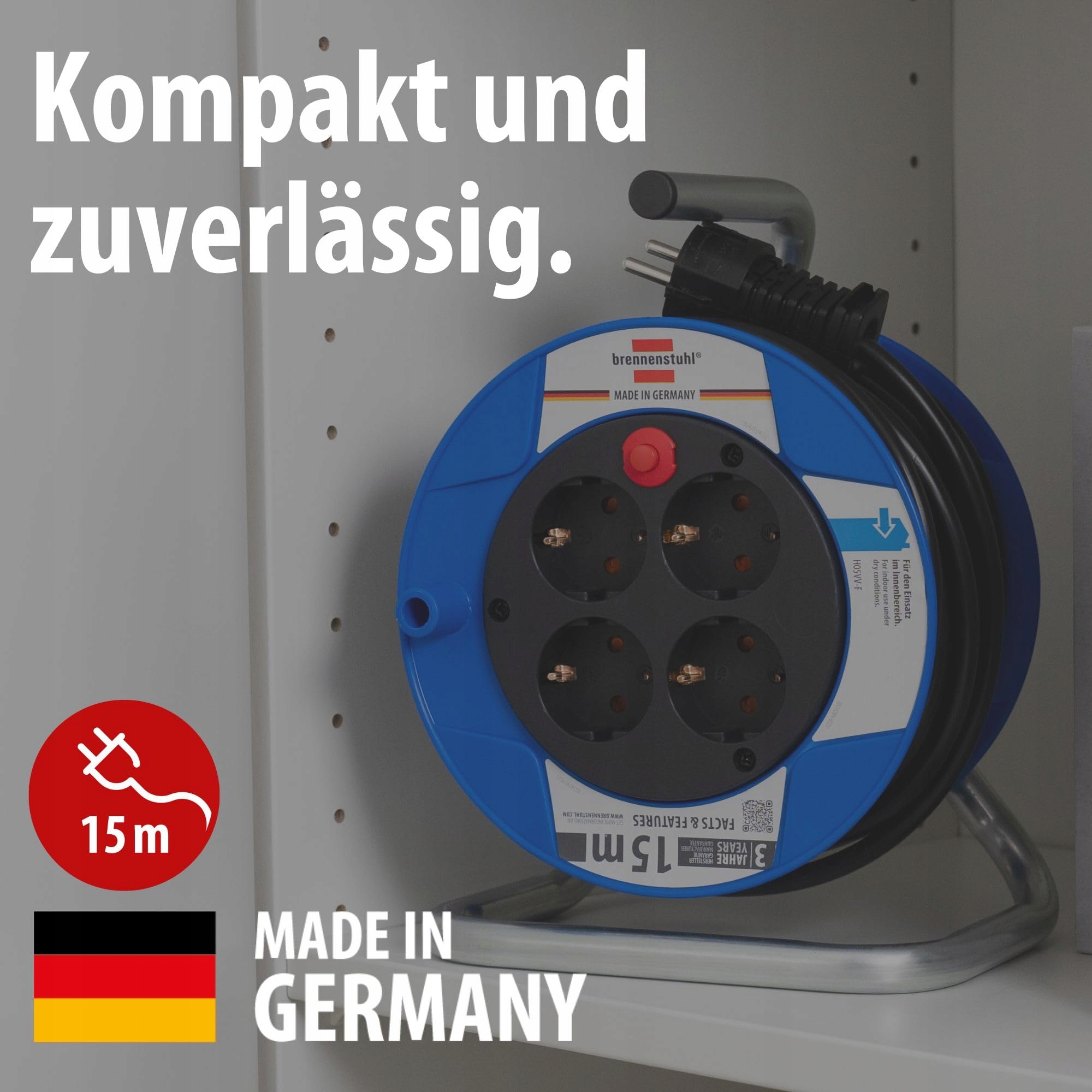 BRENNENSTUHL Kabeltrommel 15m 4 Gniazda Czarna Wytrzymała Niemiecka — miniatura 2