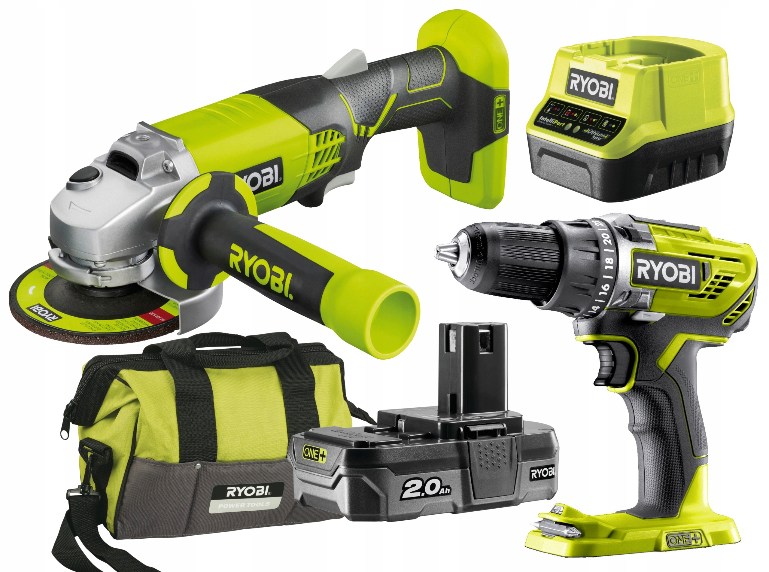 

Ryobi Zestaw Wkrętarka Szlifierka R18DD3 R18AG +2A