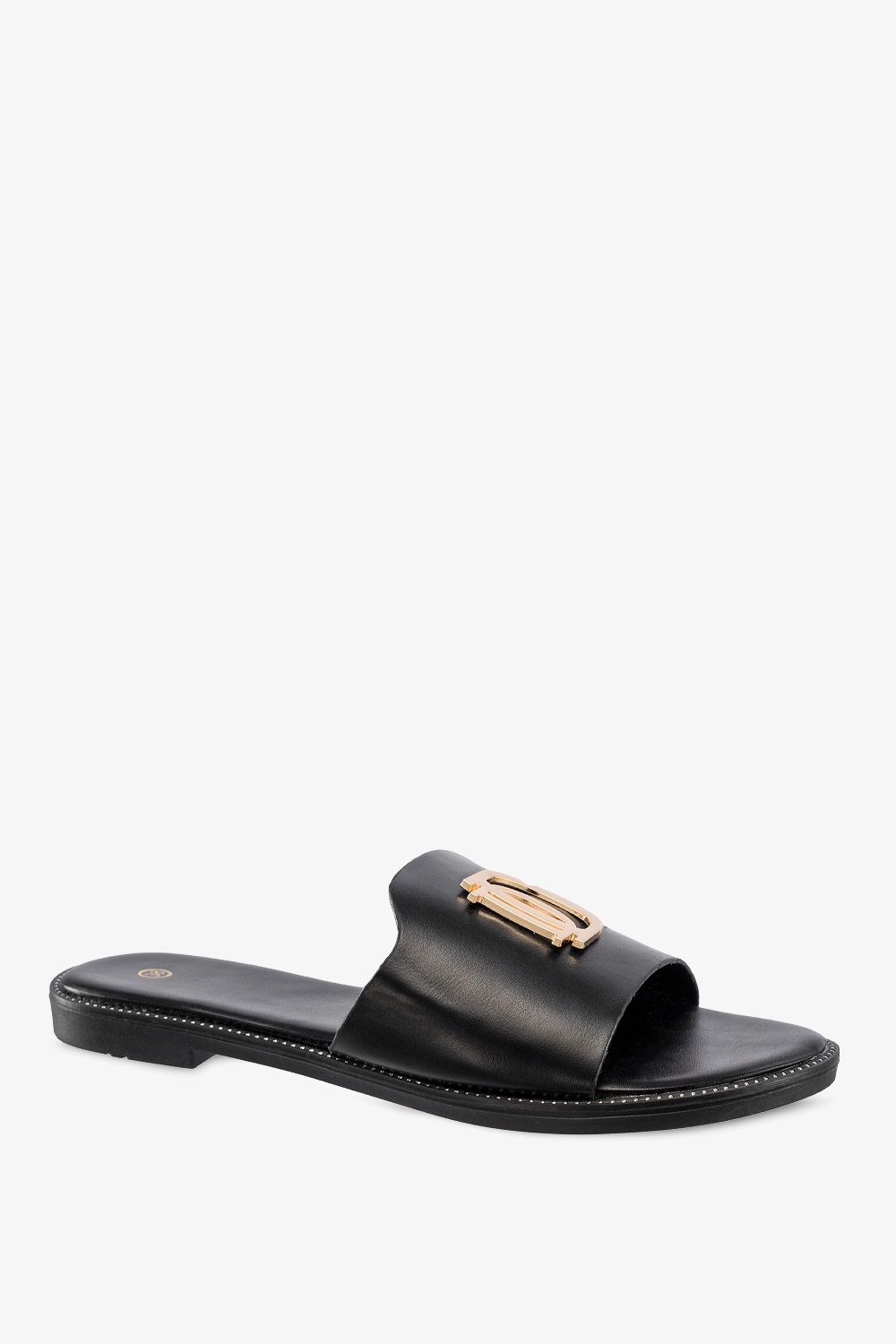 CZARNE KLAPKI DAMSKIE Z SZEROKIM PASKIEM ZE ZŁOTĄ OZDOBĄ PŁASKIE r 38 Stan opakowania oryginalne