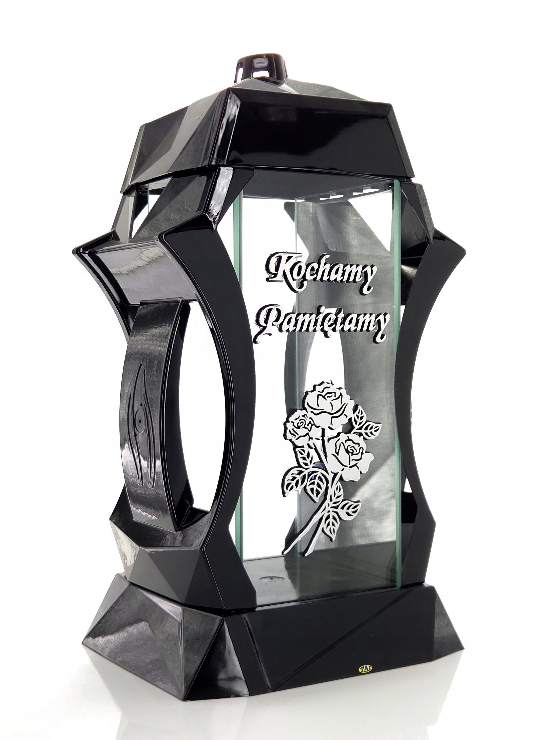 Piękny duży lampion 37cm srebrny czarny kapliczka napis kochamy pamiętamy