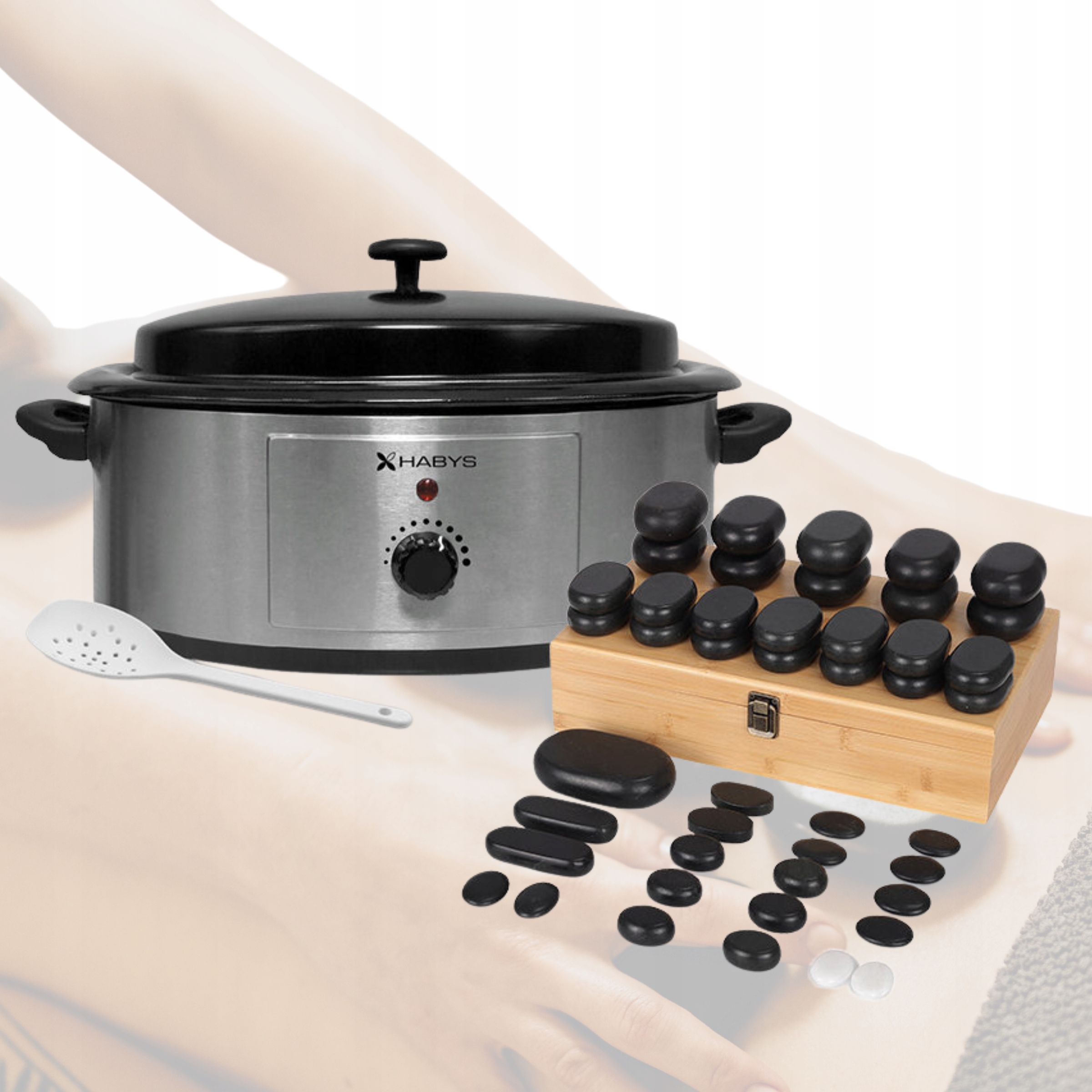 Zestaw Kamieni Bazaltowych Do Masażu 45x Hot Stones Podgrzewacz 6L Analog