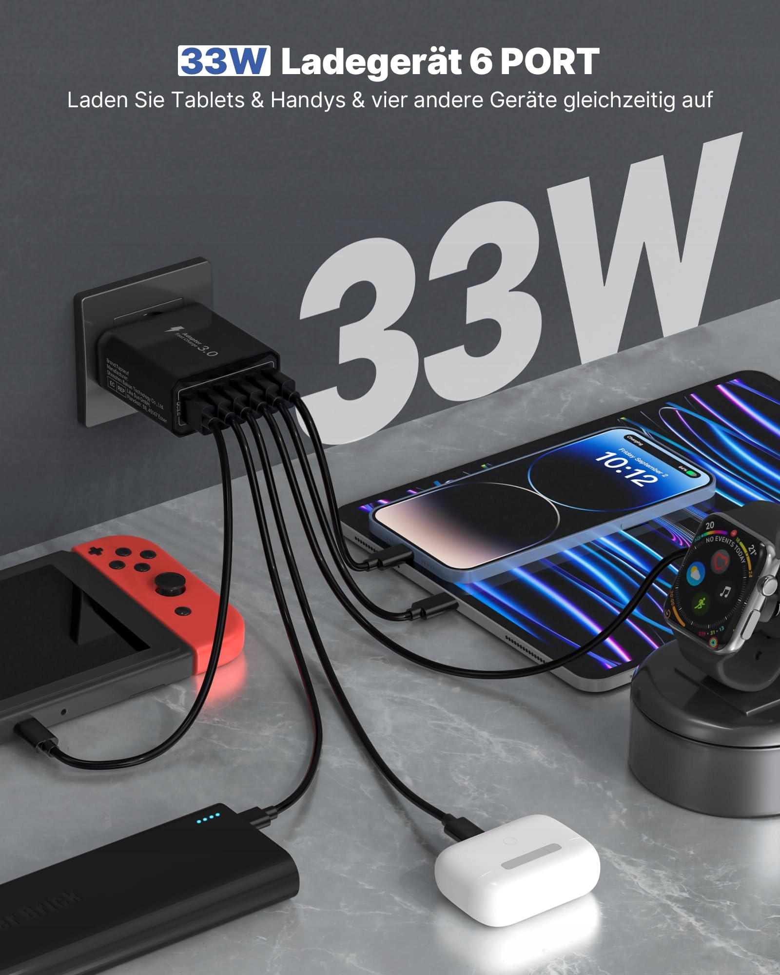 USB ŁADOWARKA 6-Portowa Szybka 33W QC 30 iPhone iPad — miniatura 2
