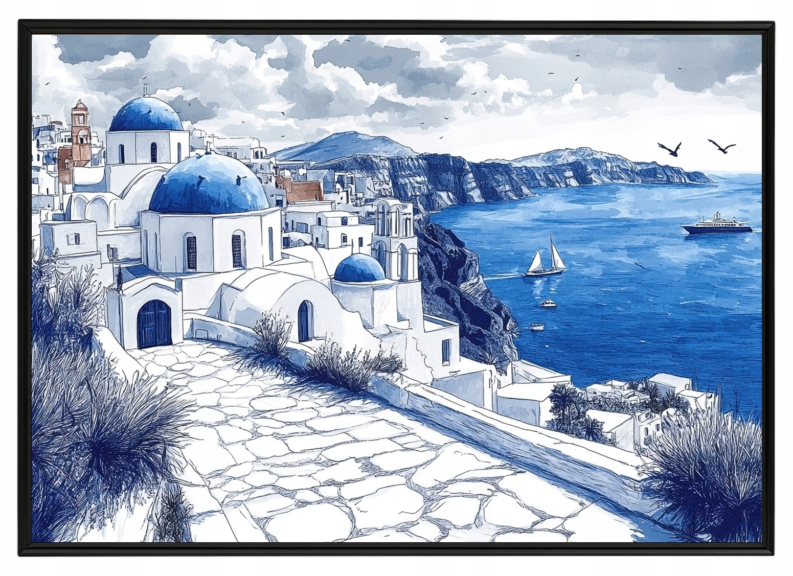 Plakát Rámeček Aluminium Řecko Santorini Moře Kostel Modrý 100x70