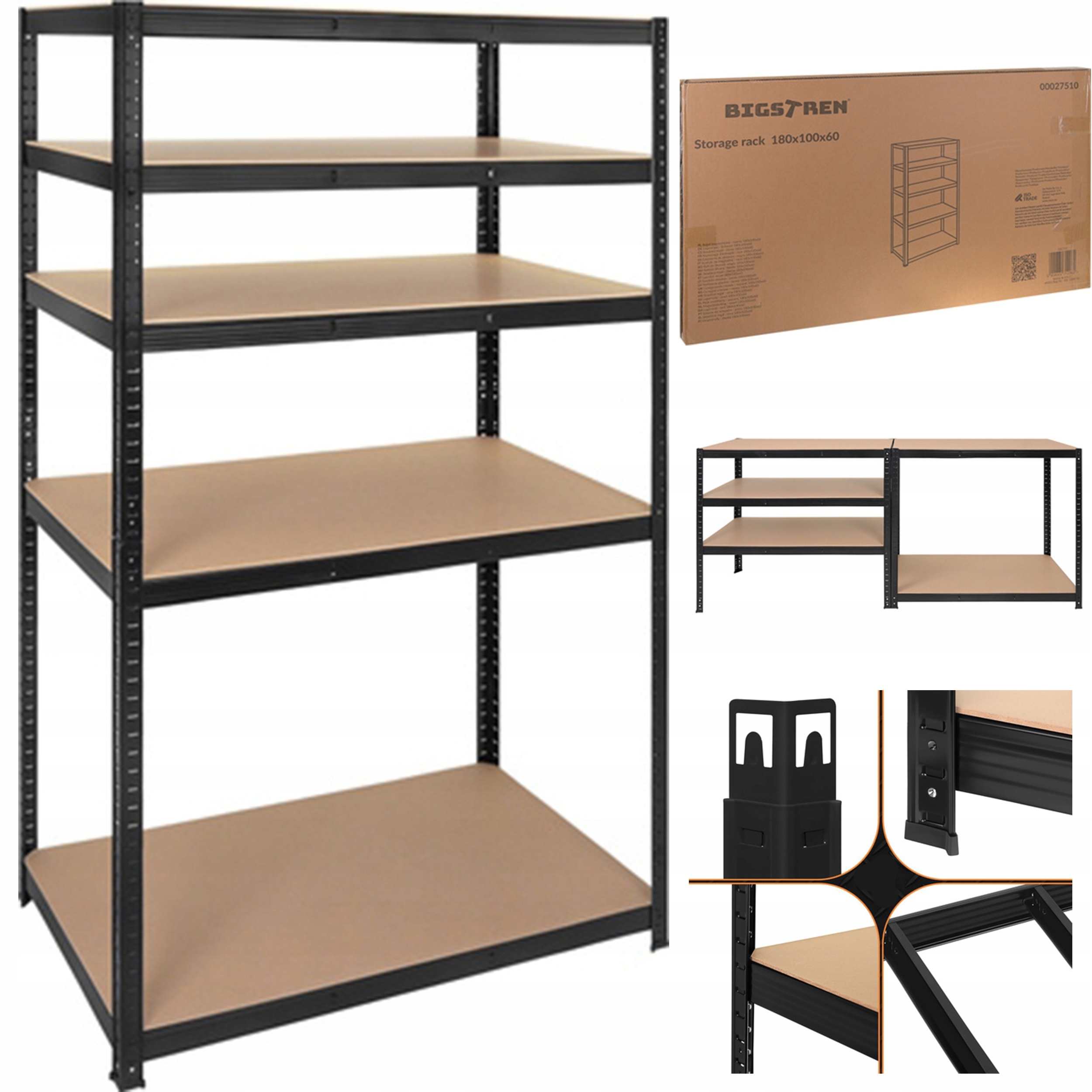 Skladovací Regál Pako 5 Polic 180x100x60 cm Černý Nosnost 1000 kg