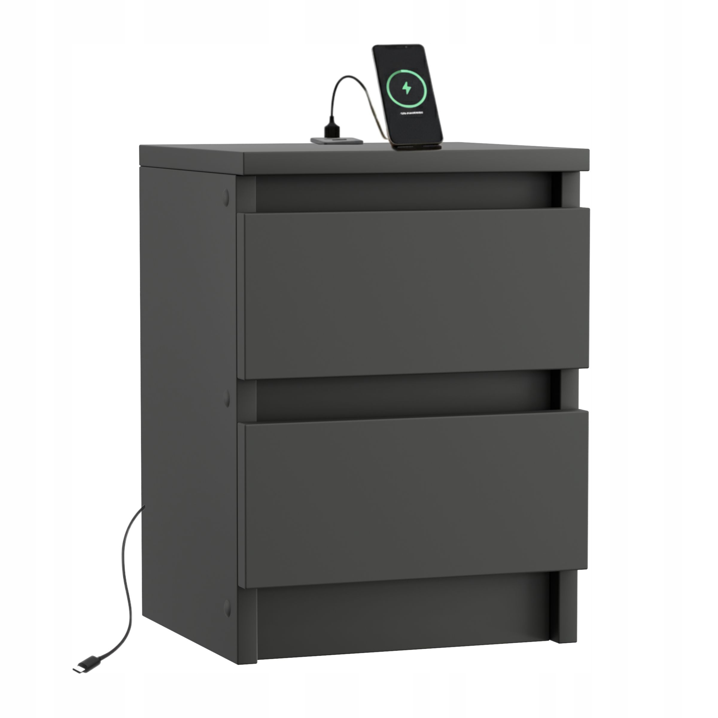 Noční Stolek Černý 30 CM S Portem Usb/usb C, Dvě Zásuvky, Noční Stolek Matný