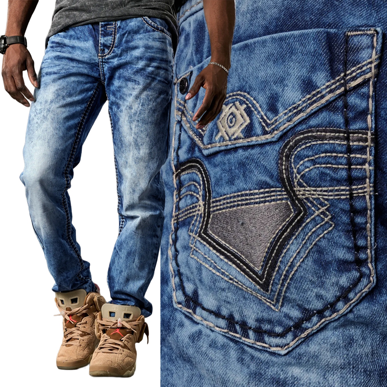 Cipo Baxx Spodnie Jeansy Przecierane Gruba Nić Regular Hafty