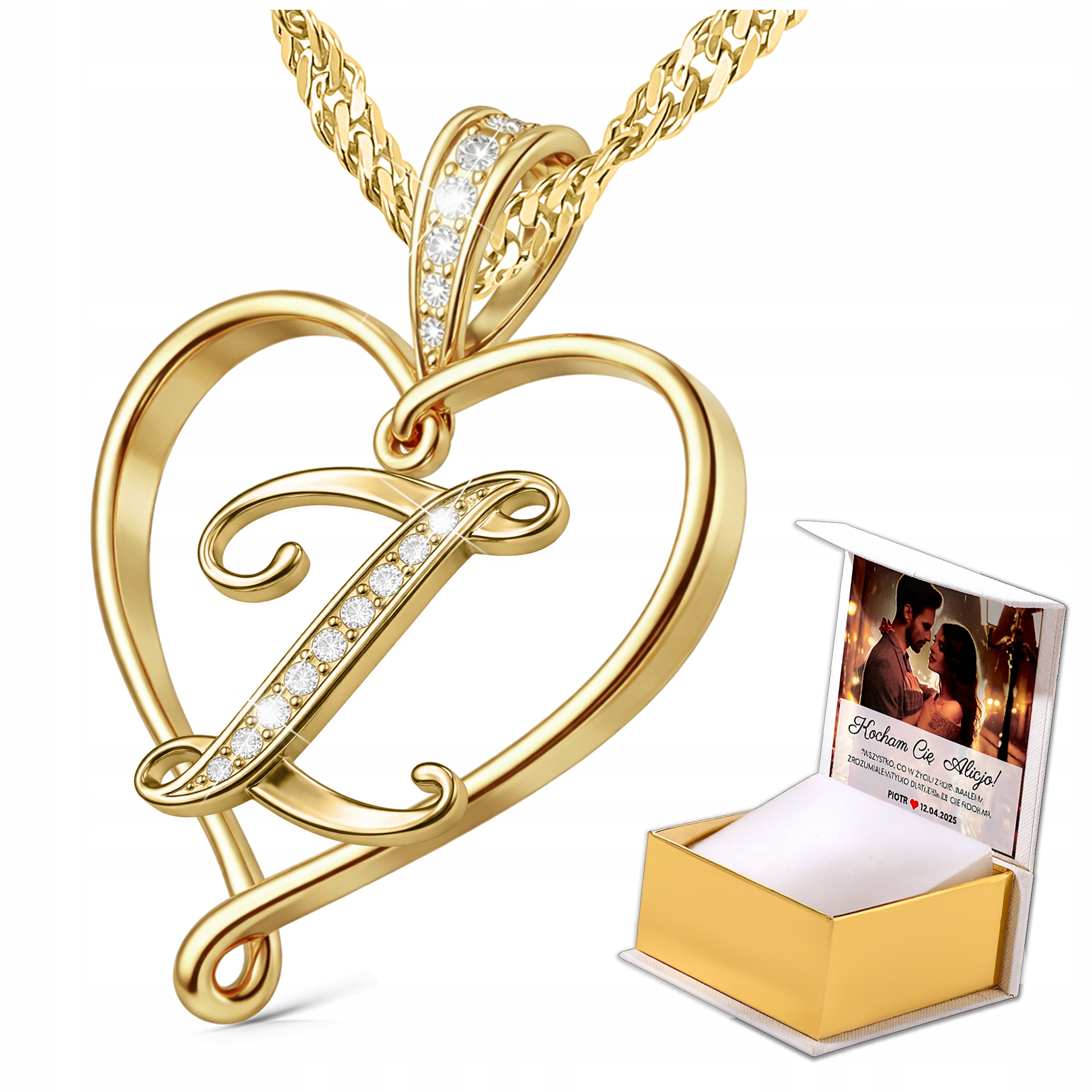 Zlatý náhrdelník s písmenem písmenka s velkým srdcem a zirkony Stříbro Potisk