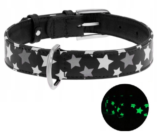 Levně Obojek pro psa Kůže Odrazka Waudog Collar 38-49 CM Černé Hvězdičky Silná