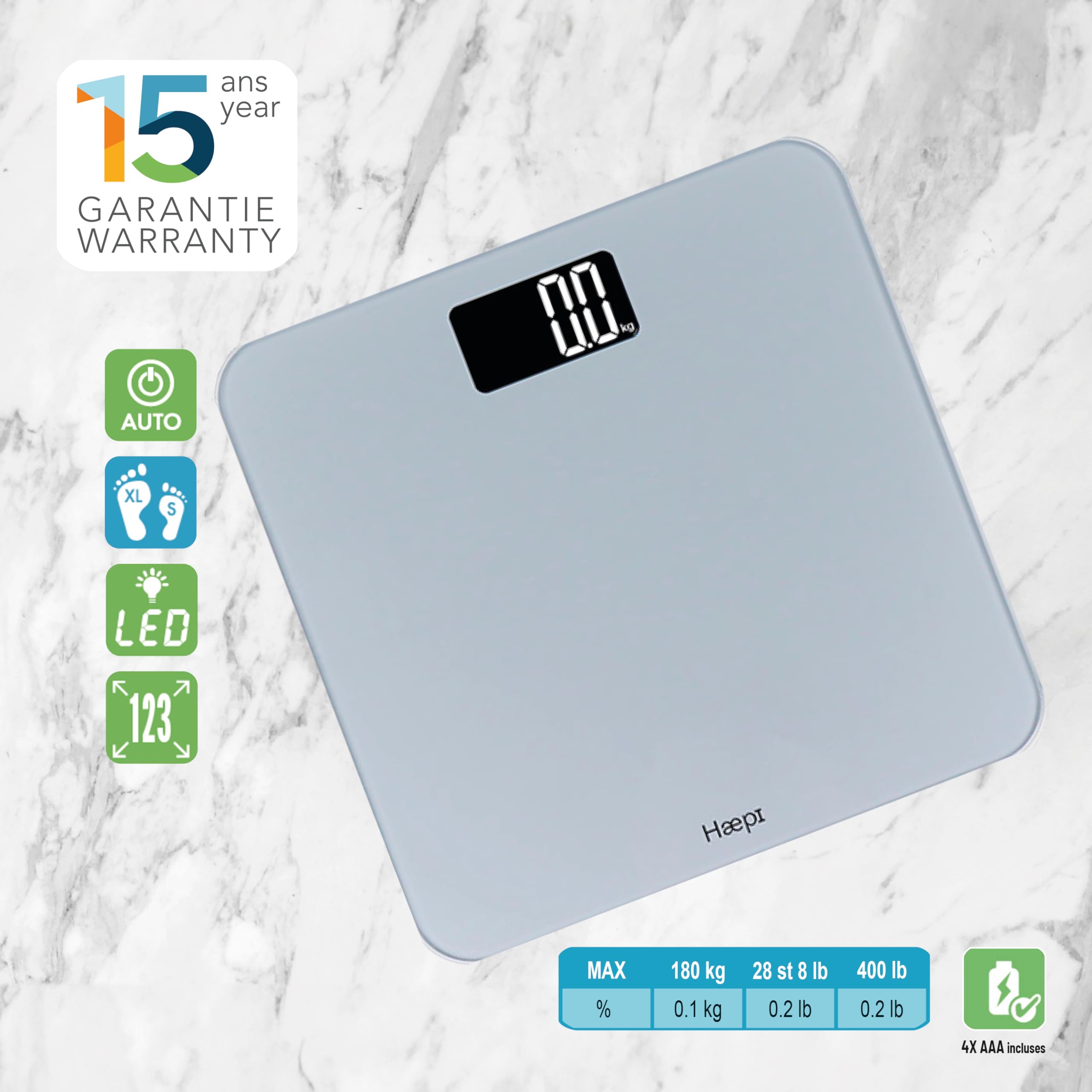 HAEPI Cyfrowa Waga Łazienkowa Szklana Platforma Wyświetlacz LED 180kg — miniatura 3