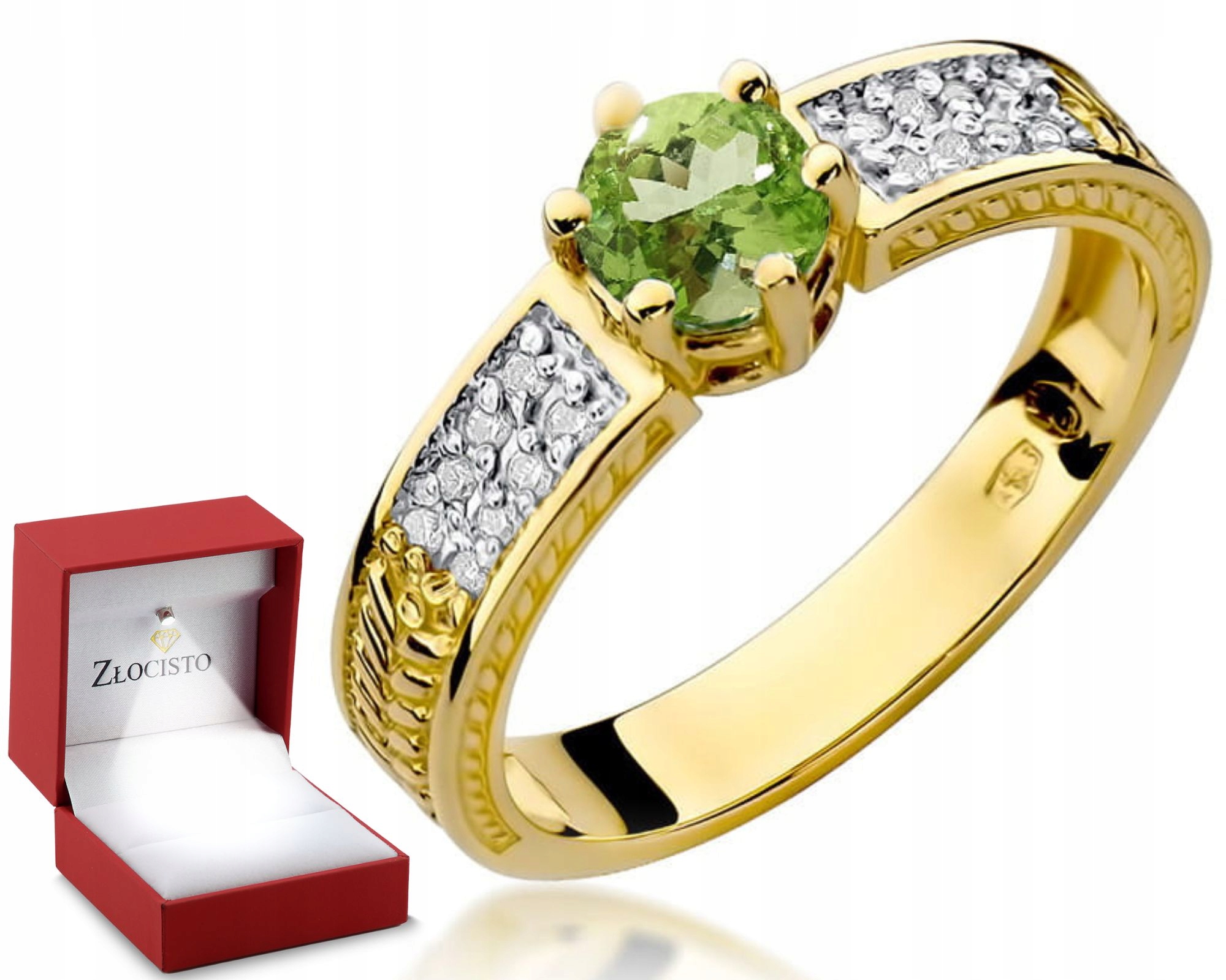 Zlatý Prstýnek Olivín S Brilianty Žluté Zlato 585 Gravírování Dárek