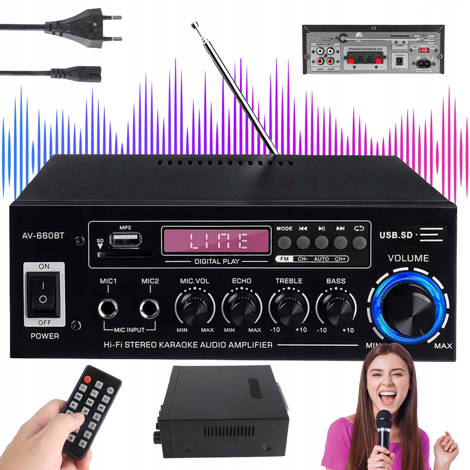 Receiver Bluetooth Usb Stereo Amplifier Fm Radio 220V 12V