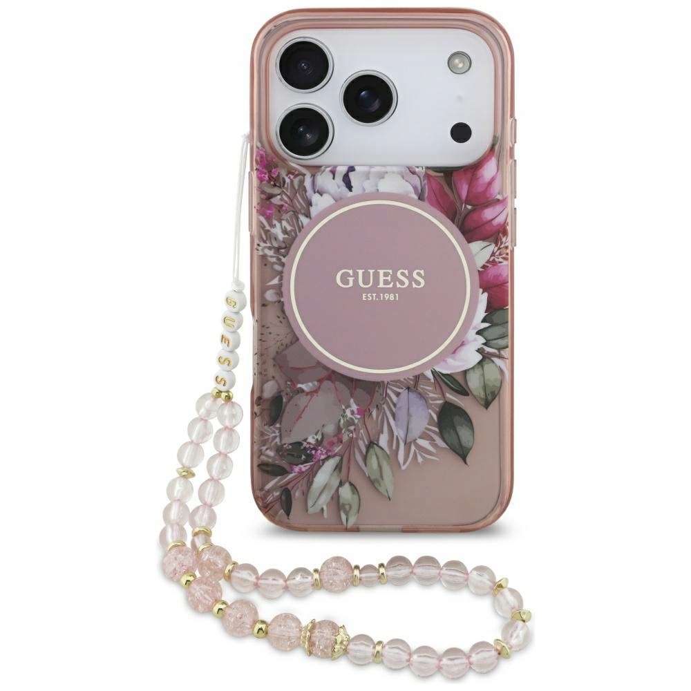 Pouzdro Guess IML Flowers Pearl Strap MagSafe pro iPhone 17 Pro, růžové