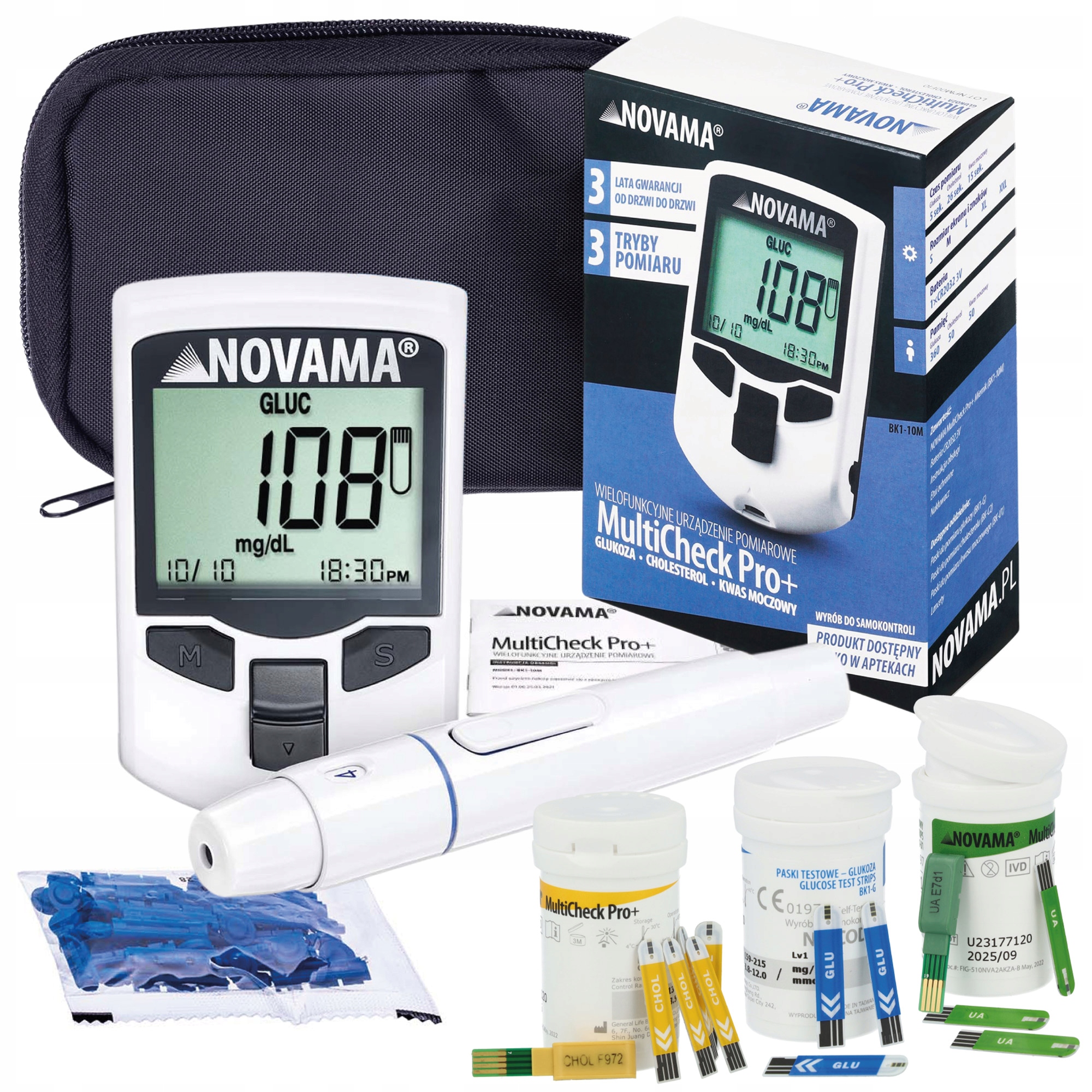 GLUKOMETR CHOLESTEROL KWAS MOCZOWY NOVAMA MULTICHECK PRO+ ETUI PASKI ZESTAW