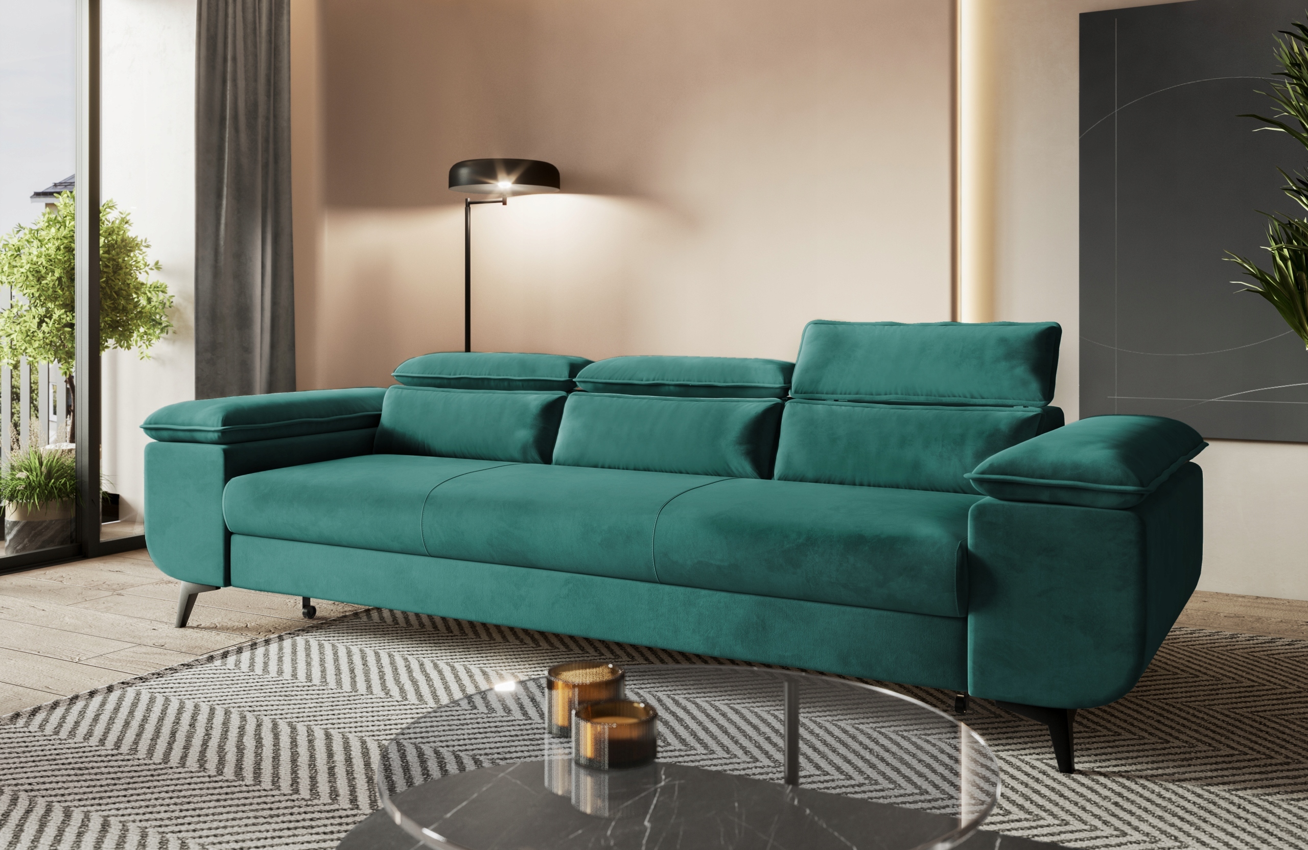Pohovka s funkcí spaní Flat s nastavitelnými opěrkami hlavy, zeleň