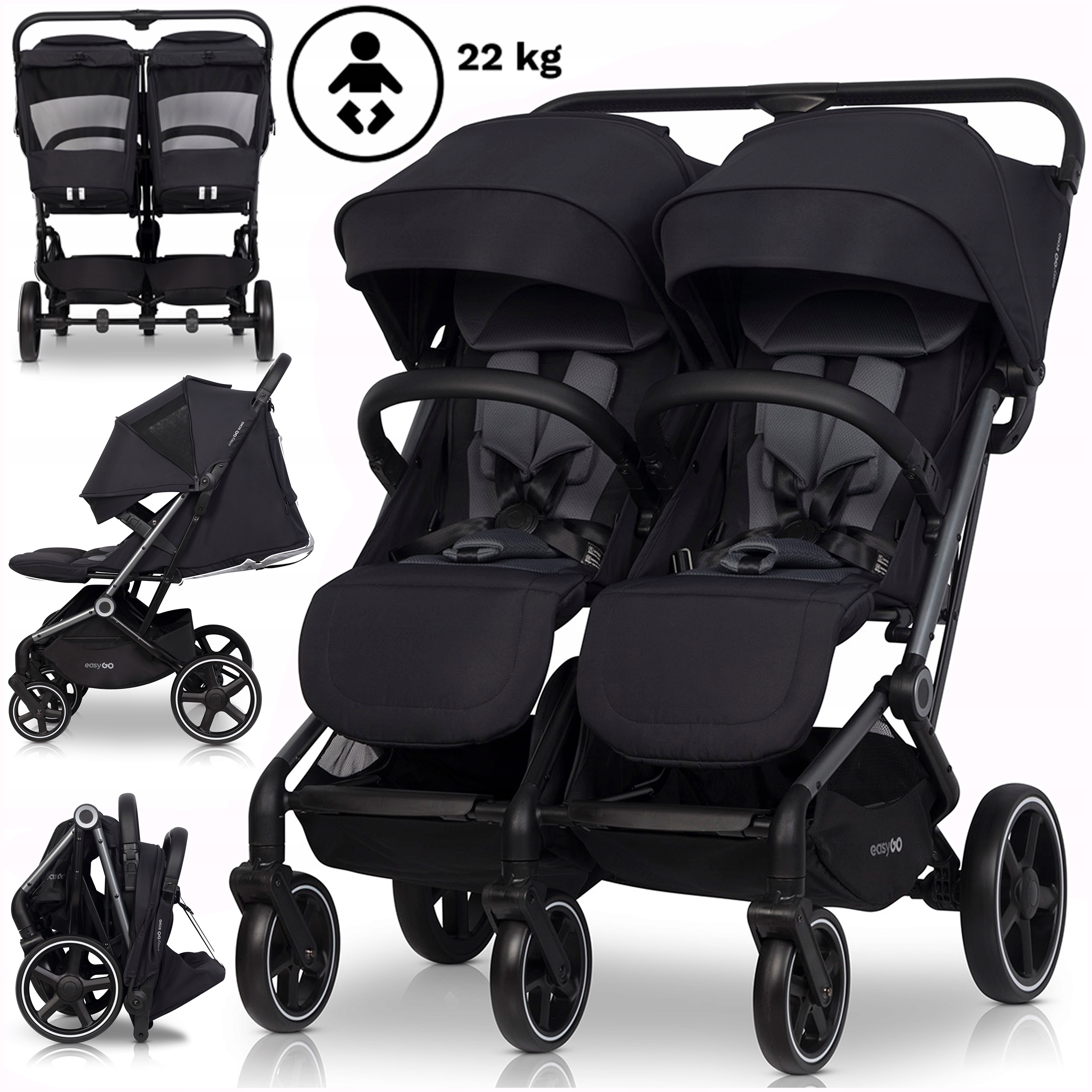 Lekki Wózek Spacerowy Bliźniaczy Rok Po Roku 2w1 Duże Koła Akcesoria 0-22KG