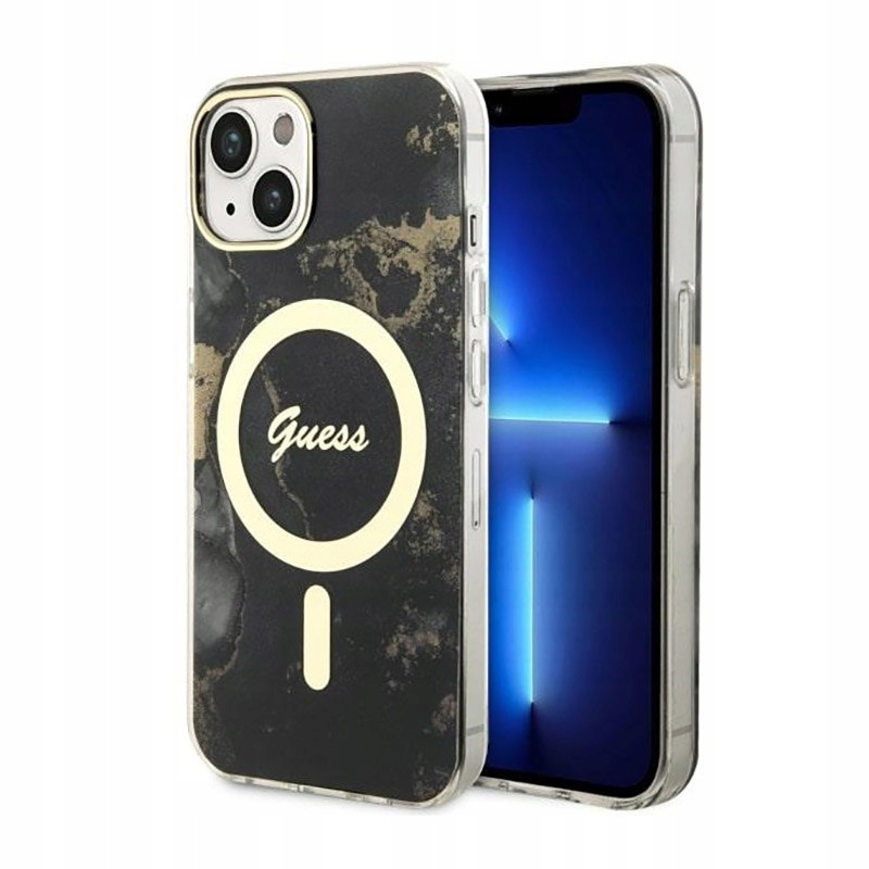 Guess Golden Marble MagSafe Etui iPhone 14 Plus (Czarny)
