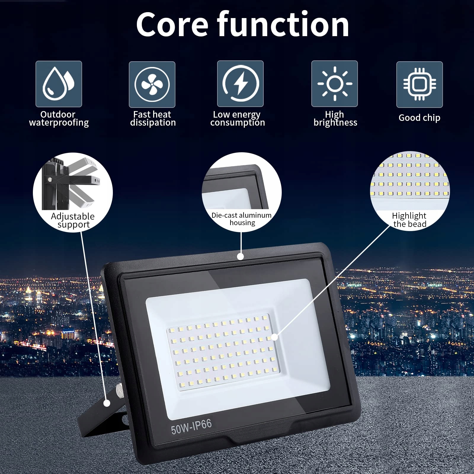 Naświetlacz LED 50W 5000lm 3000K IP66 Ciepła Biel Warsztat Ogród TREOIR — miniatura 3