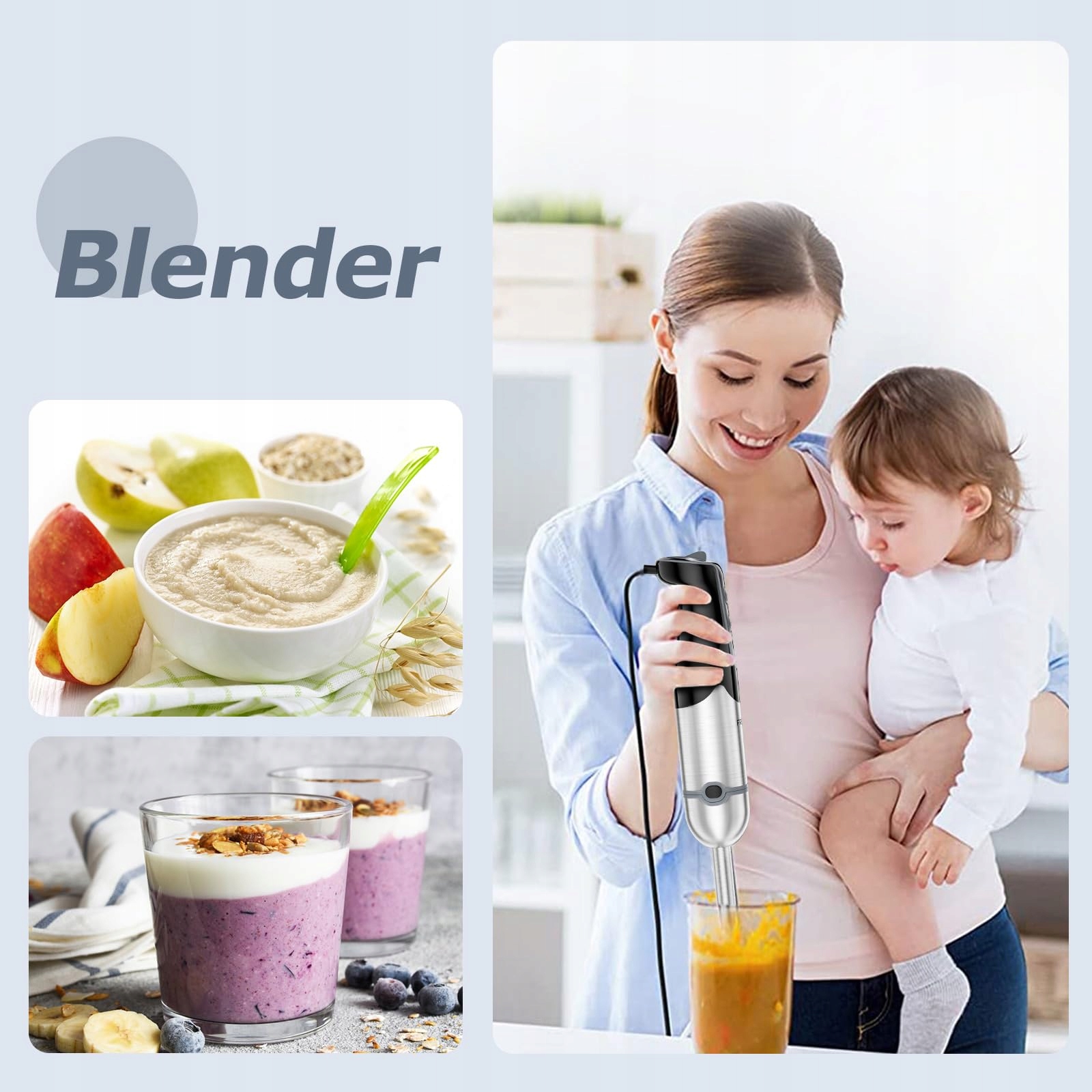 FRESKO Blender Ręczny 4w1 1000W Stalowy Zestaw Do Zup Smoothie — miniatura 5