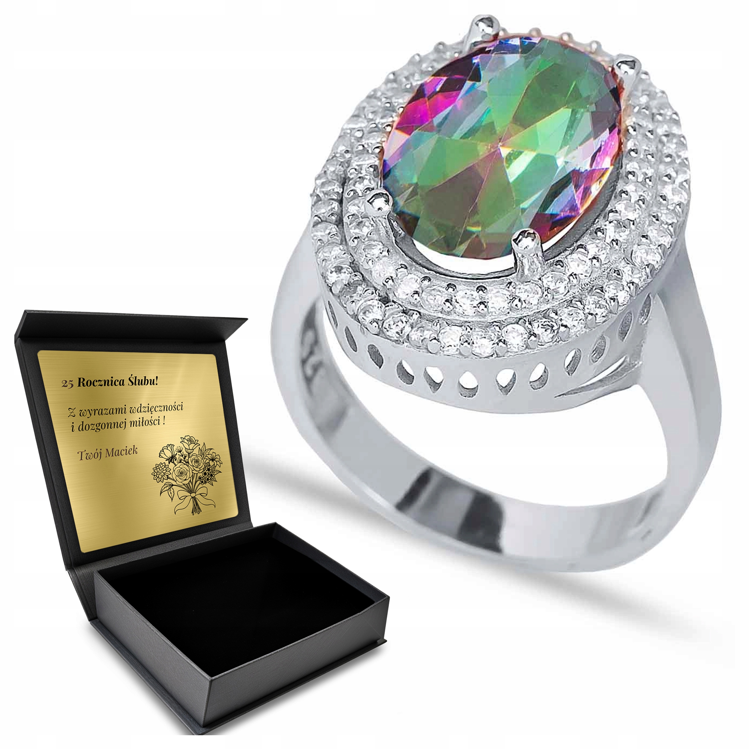 Prstýnek 925 S Topazovými Zirkony Dárek na Valentýna Gravírování