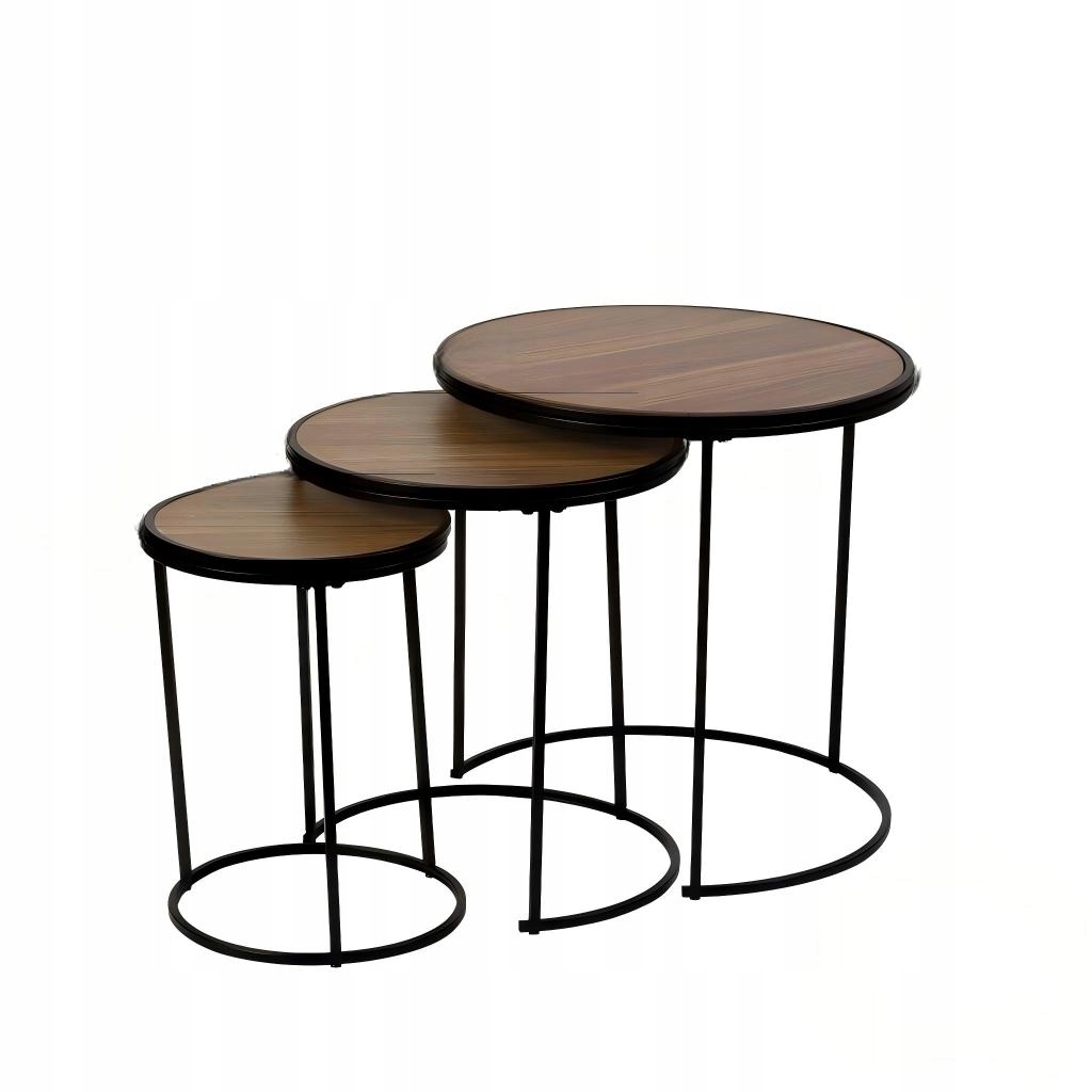 Sada 3 kulatých konferenčních stolků – kovový rám, dřevěná deska