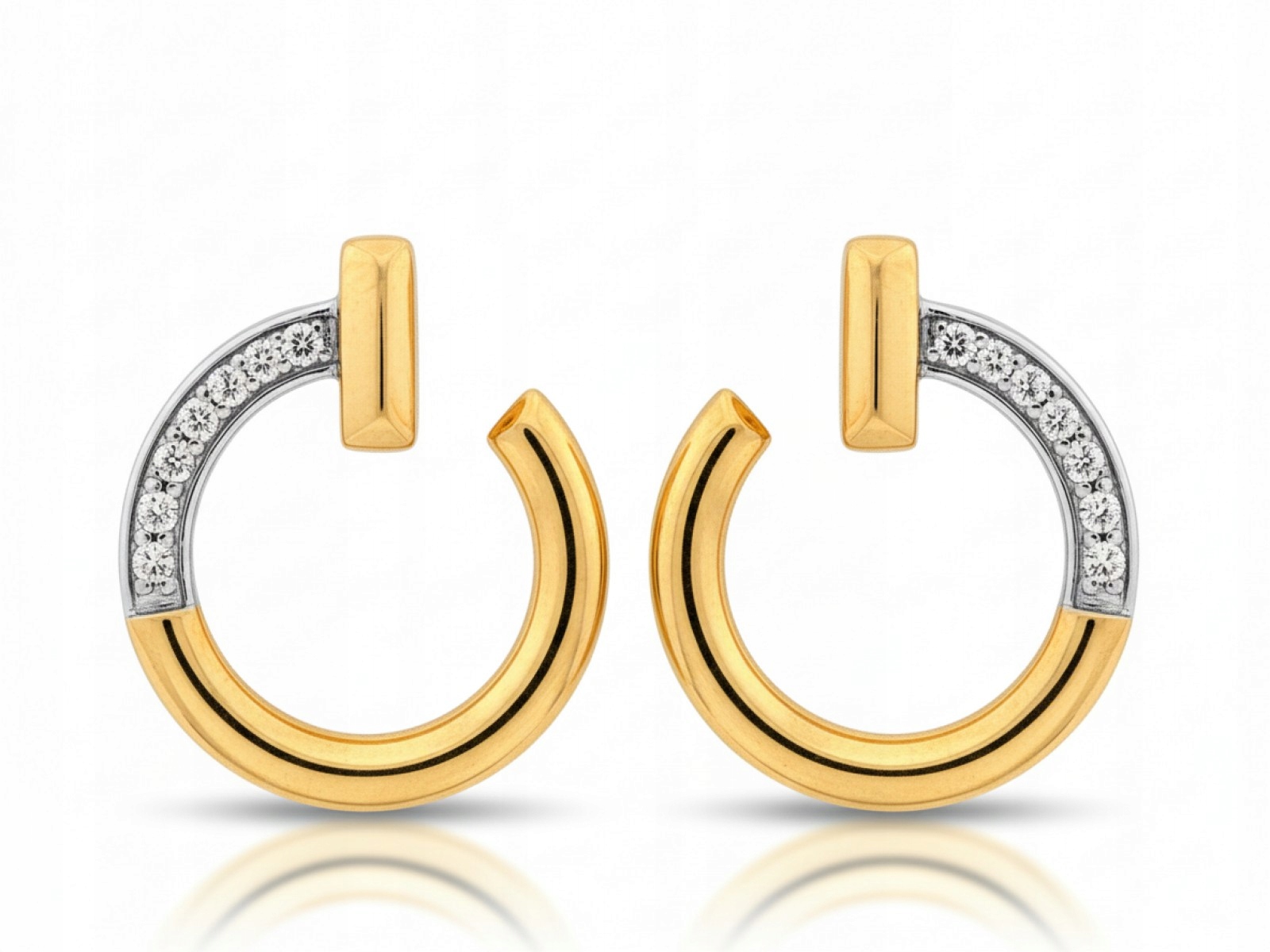 Náušnice zlaté pro ženu 585, otevřené kroužky na tyči s brilianty