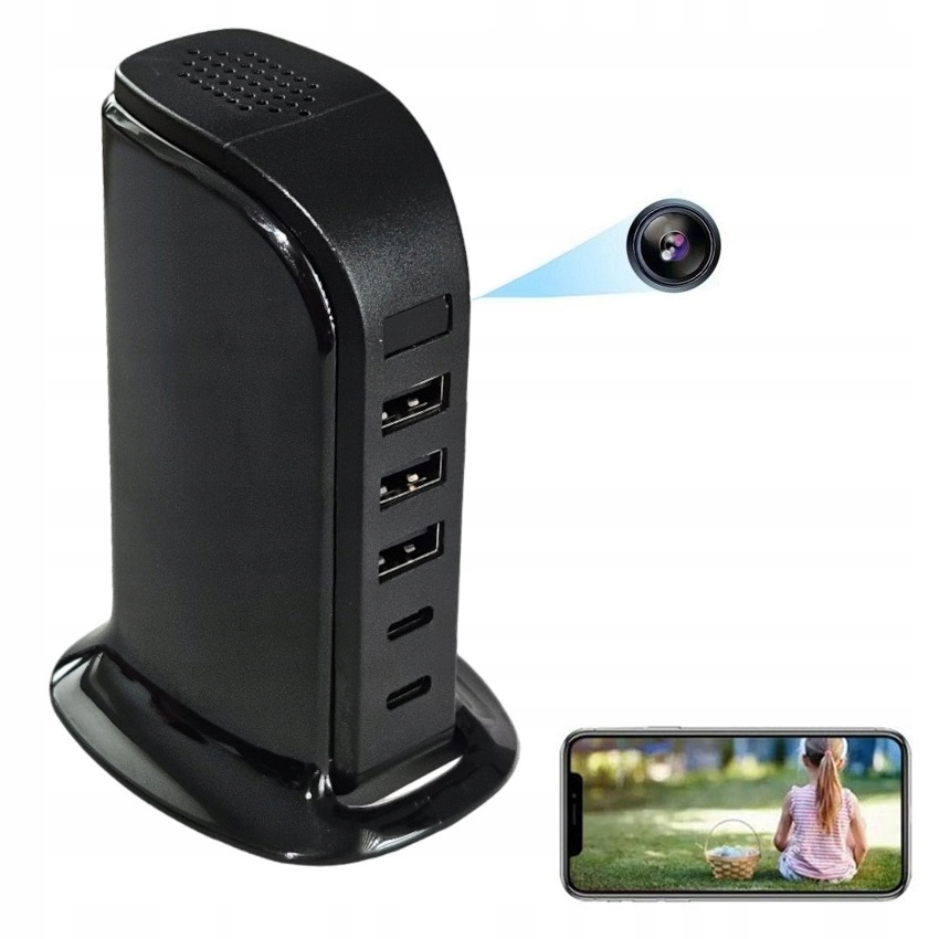 Skrytá Špionážna Kamera V Nabíjačke 3xUSB 2xTyp C Full Hd Wifi
