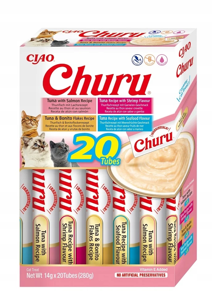 Inaba Churu 20x14 g (280 g) krémová pamlsek pro kočky s rybami a mořskými plody