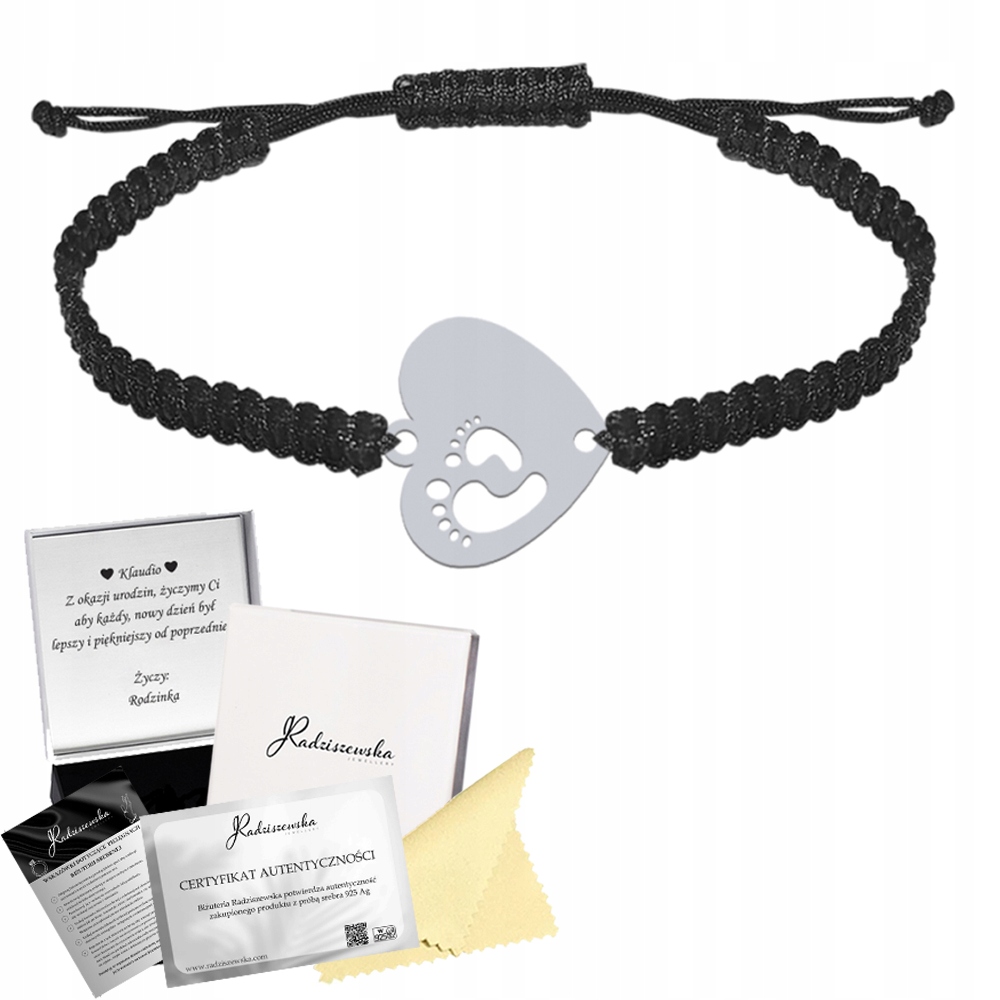 Stříbrný náramek Jméno dítěte Srdce Chodidla Den matek Šňůra 925