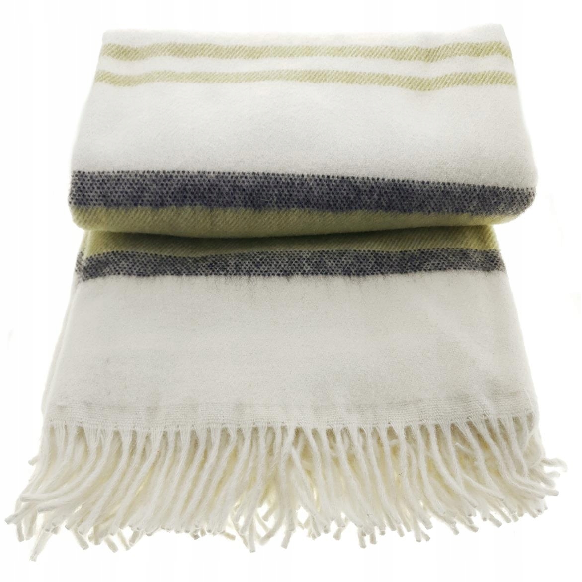 Vlněná deka s třásněmi 150x200 polská vlna pruhy krémová olivová černá