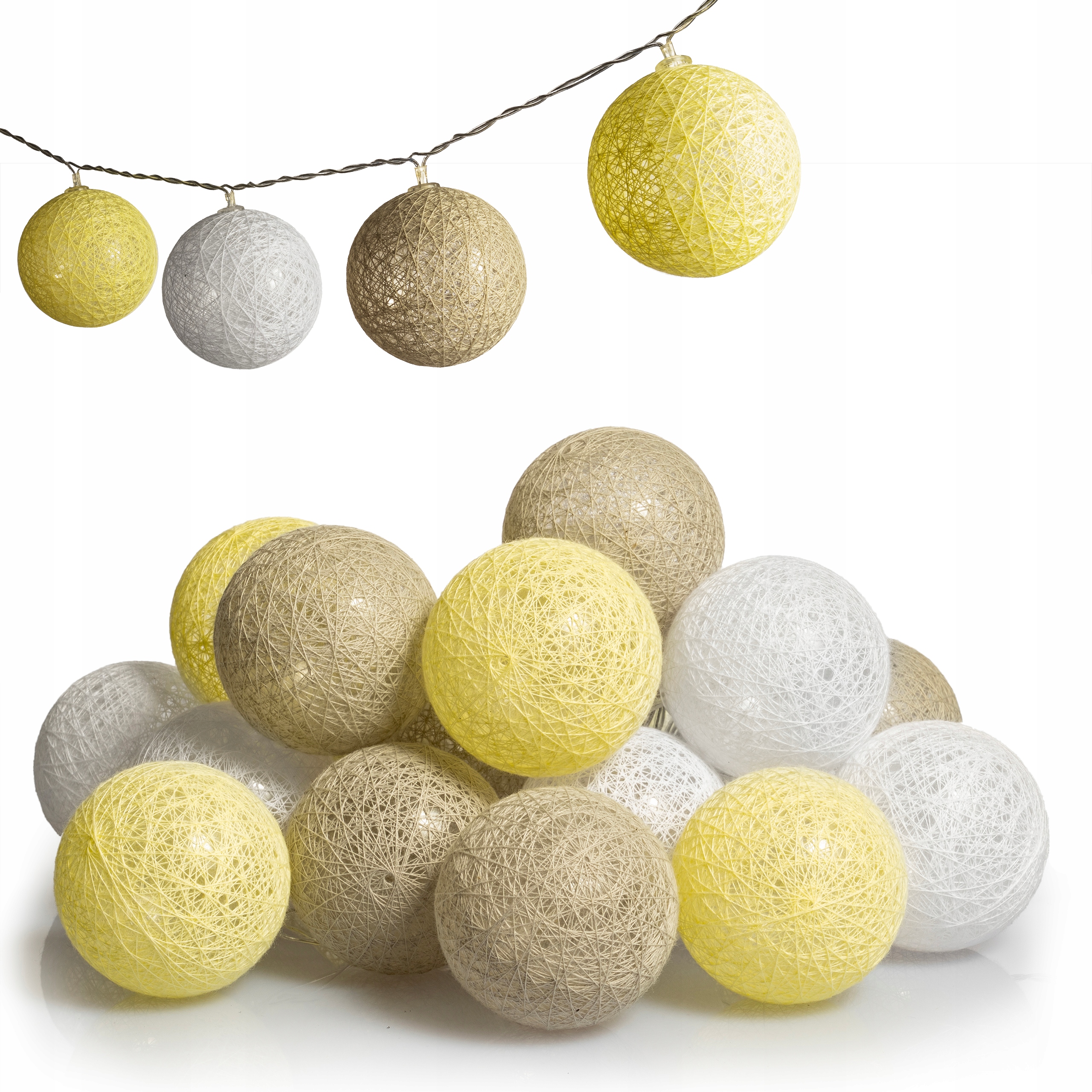 GIRLANDA LAMPKI COTTON BALLS 20LED 6cm - LAMPKI NA PRĄD - BIAŁO SZARO ŻÓŁTE