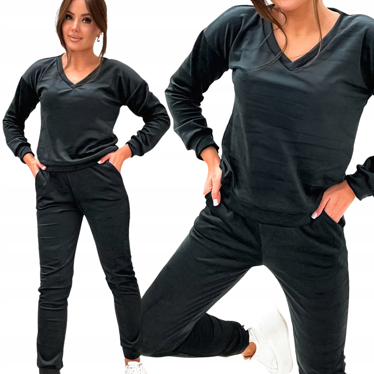 Teplákovka dámský velurový komplet klasický jednoduchý střih černý 555 M