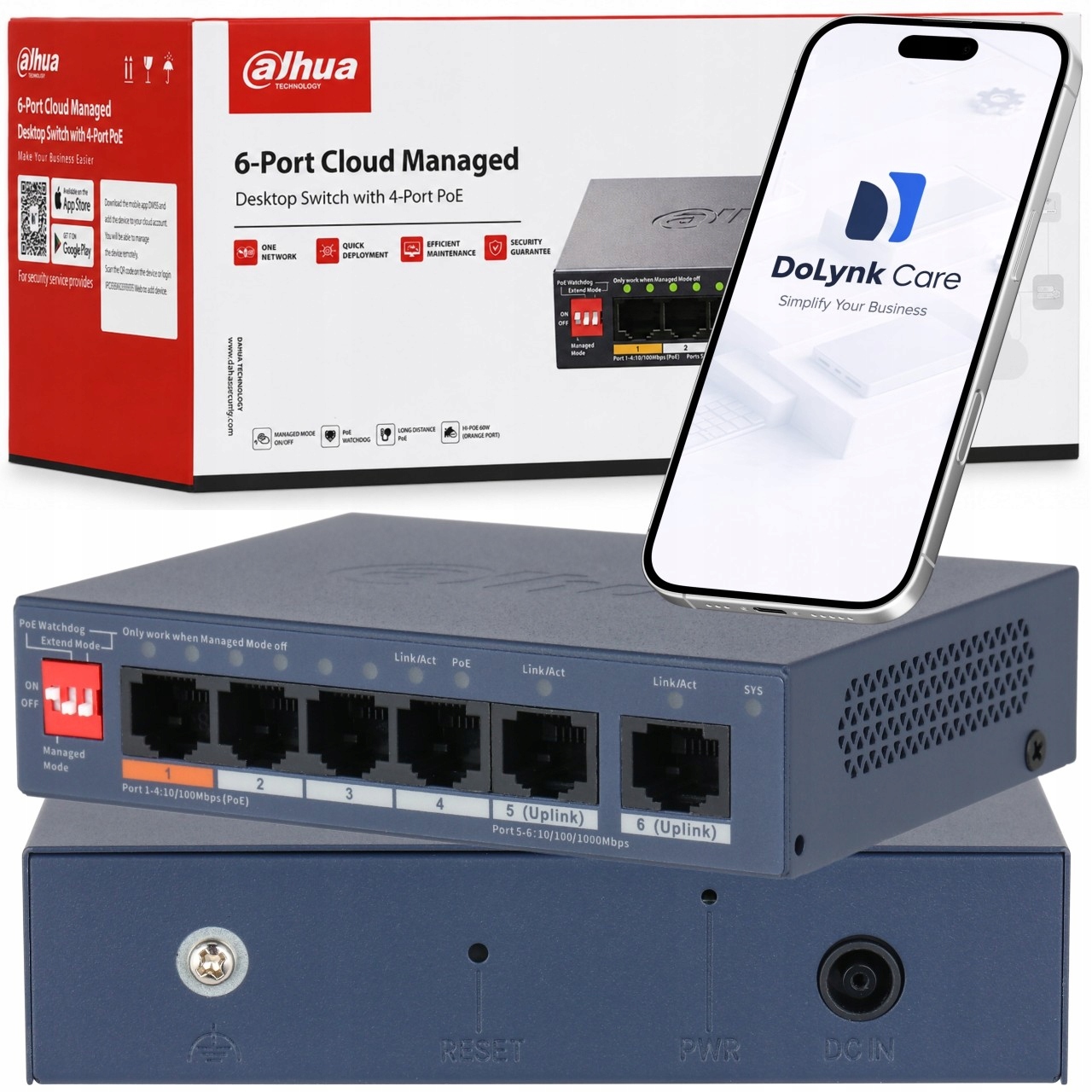 Switch Dahua CS4006-4ET2GT-60 60W 4x PoE 2x Uplink RJ45 1Gb/s Watchdog Vlan
