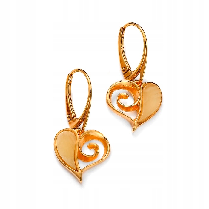 Zlaté Náušnice Srdce S Jasným Jantarem, Stříbro Pozlacené