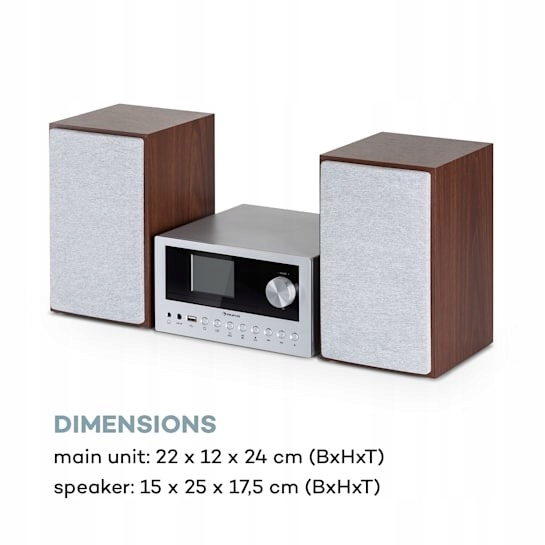WIEŻA STEREO RADIO INTERNETOWE WiFi DAB+ ODTWARZACZ CD BT SPOTIFY Szerokość produktu 22 cm