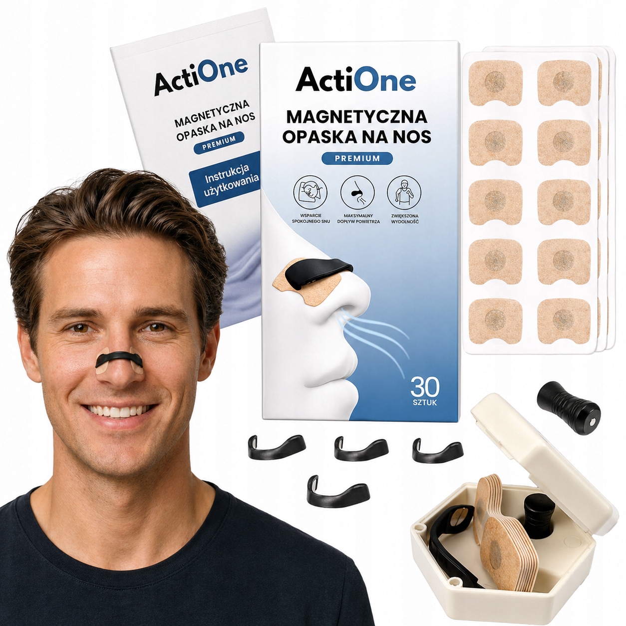 ACTIONE OPASKA MAGNETYCZNA KLIPS NA NOS ODDYCHANIE CHRAPANIE SEN SPORT ETUI