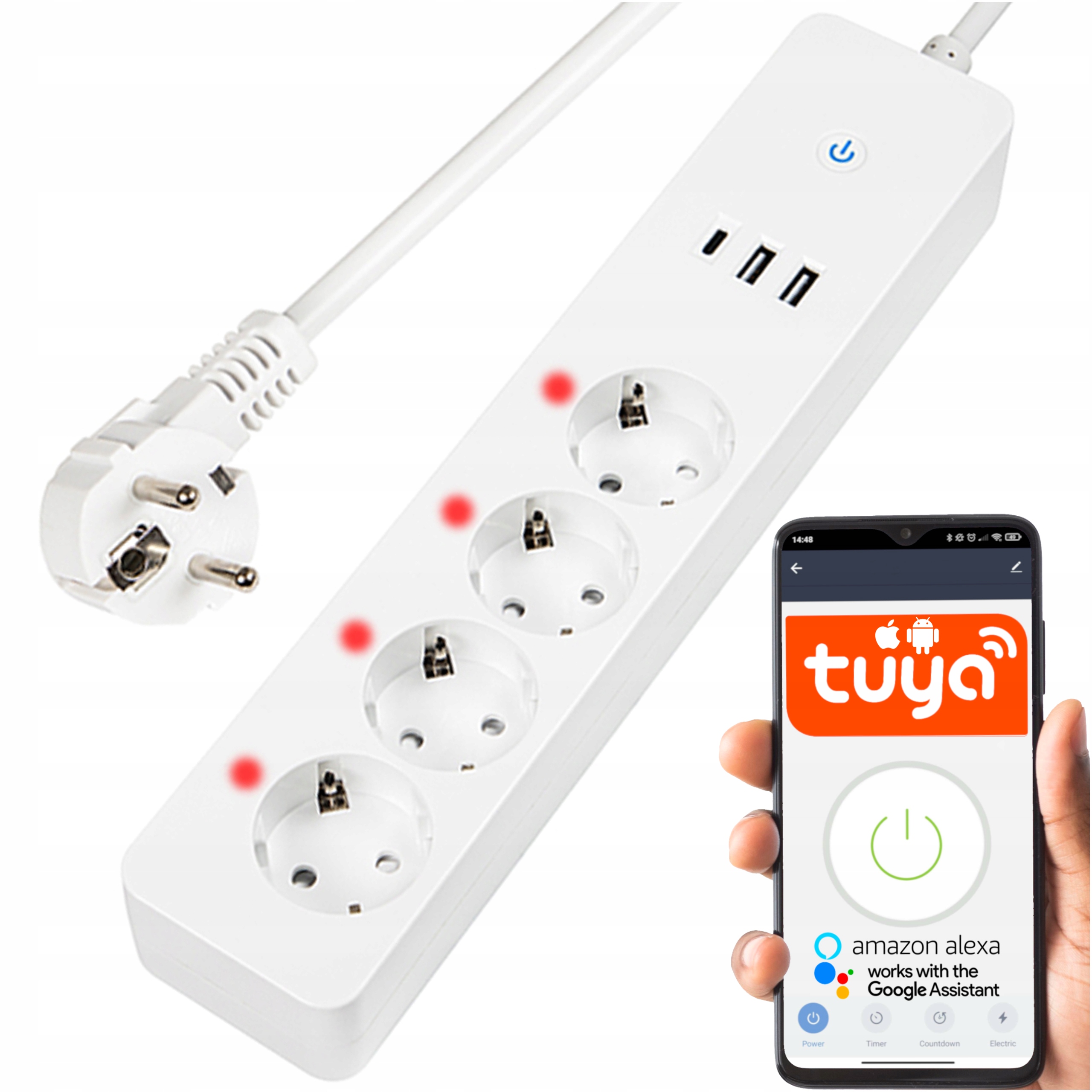 Inteligentna Listwa Zasilająca Przedłużacz 4 Gn Smart Usb-c WiFi Tuya 1,5m