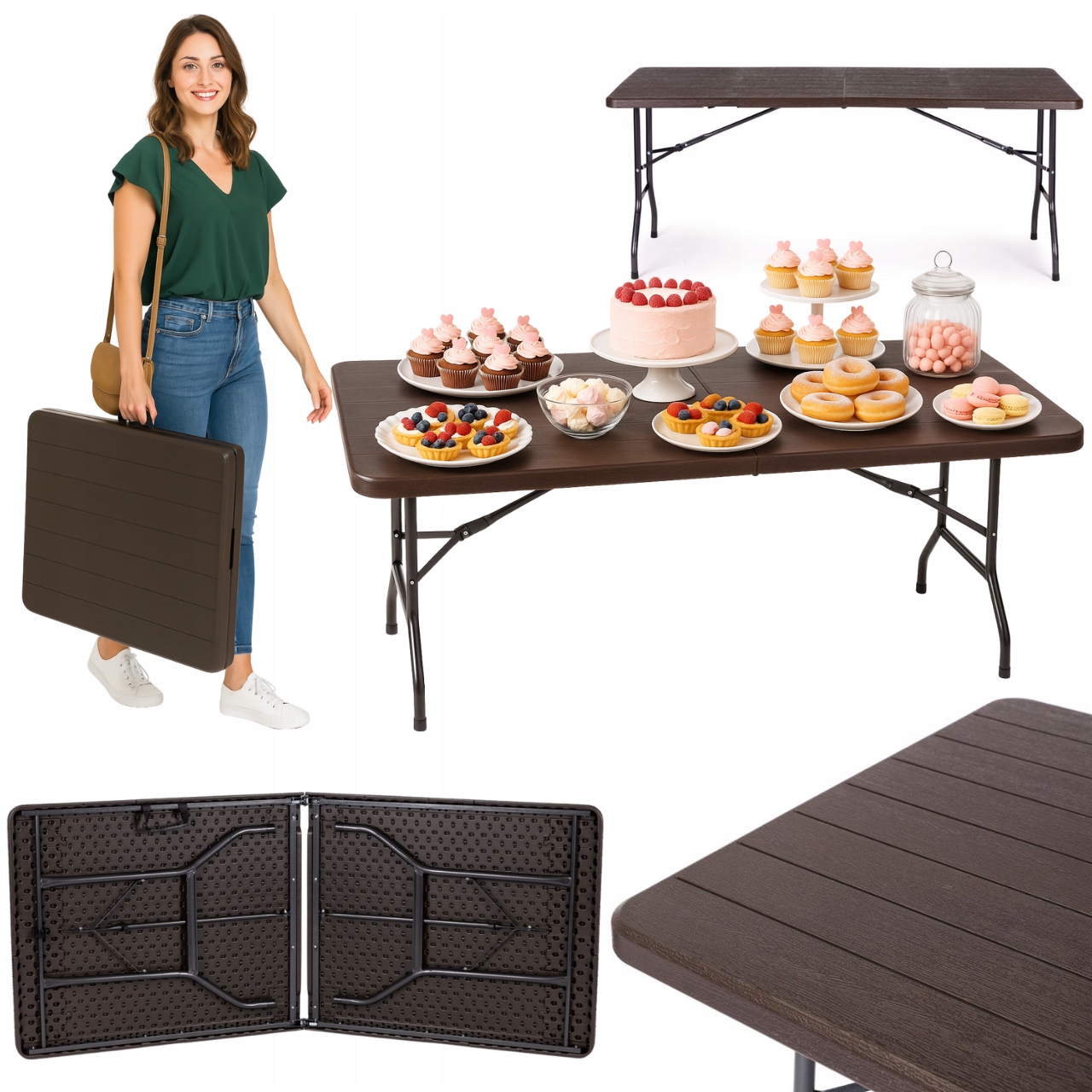Stół Ogrodowy Składany Cateringowy Bankietowy 179x74cm Duży Brązowy