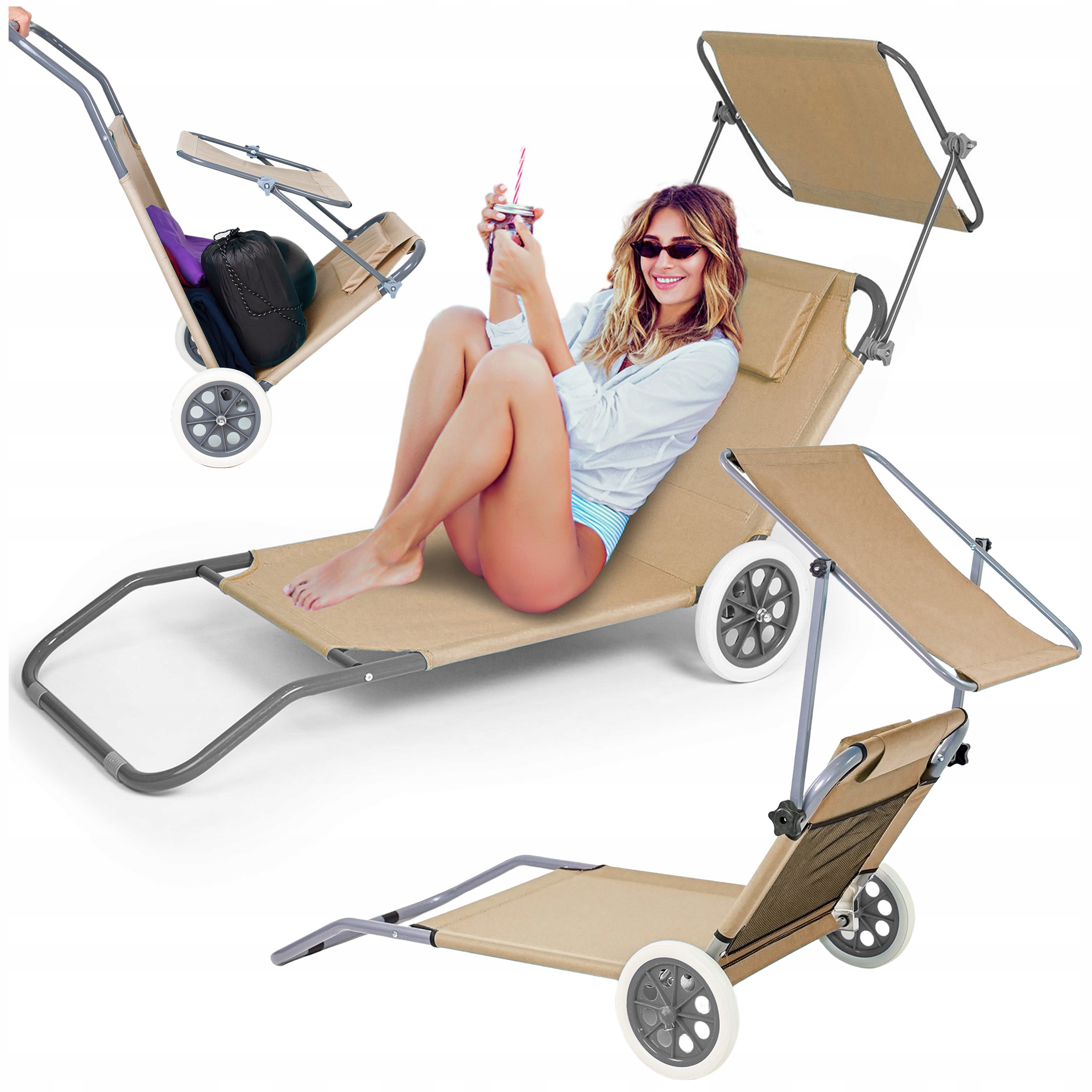 Leżak Składany Ogrodowy Wózek Na Kółkach Fotel Plażowy Leżanka Z Daszkiem