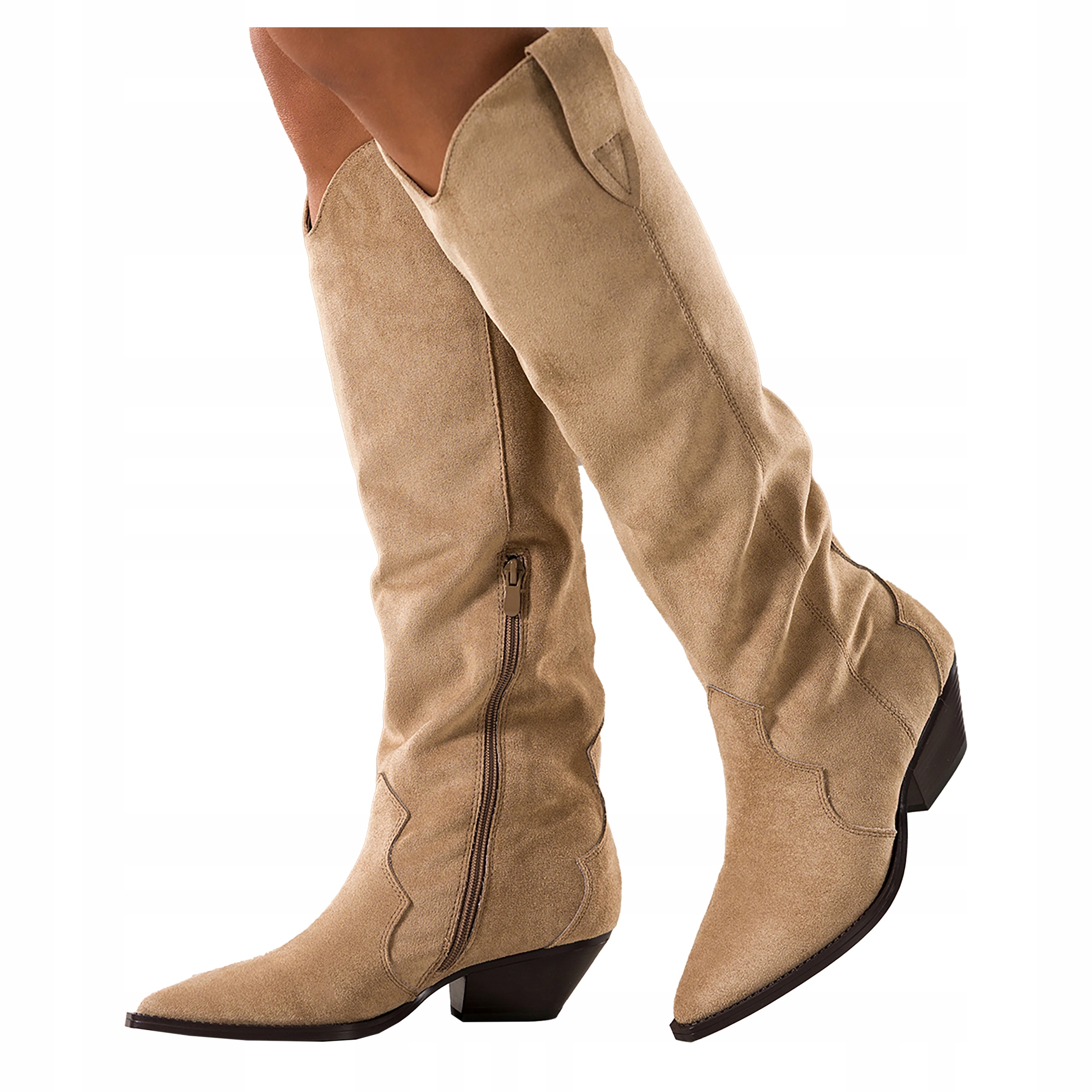 Dámské Kozačky Béžové Kovbojské Boty Pohodlné Zkosená kostka Široký Svršek vel. 39