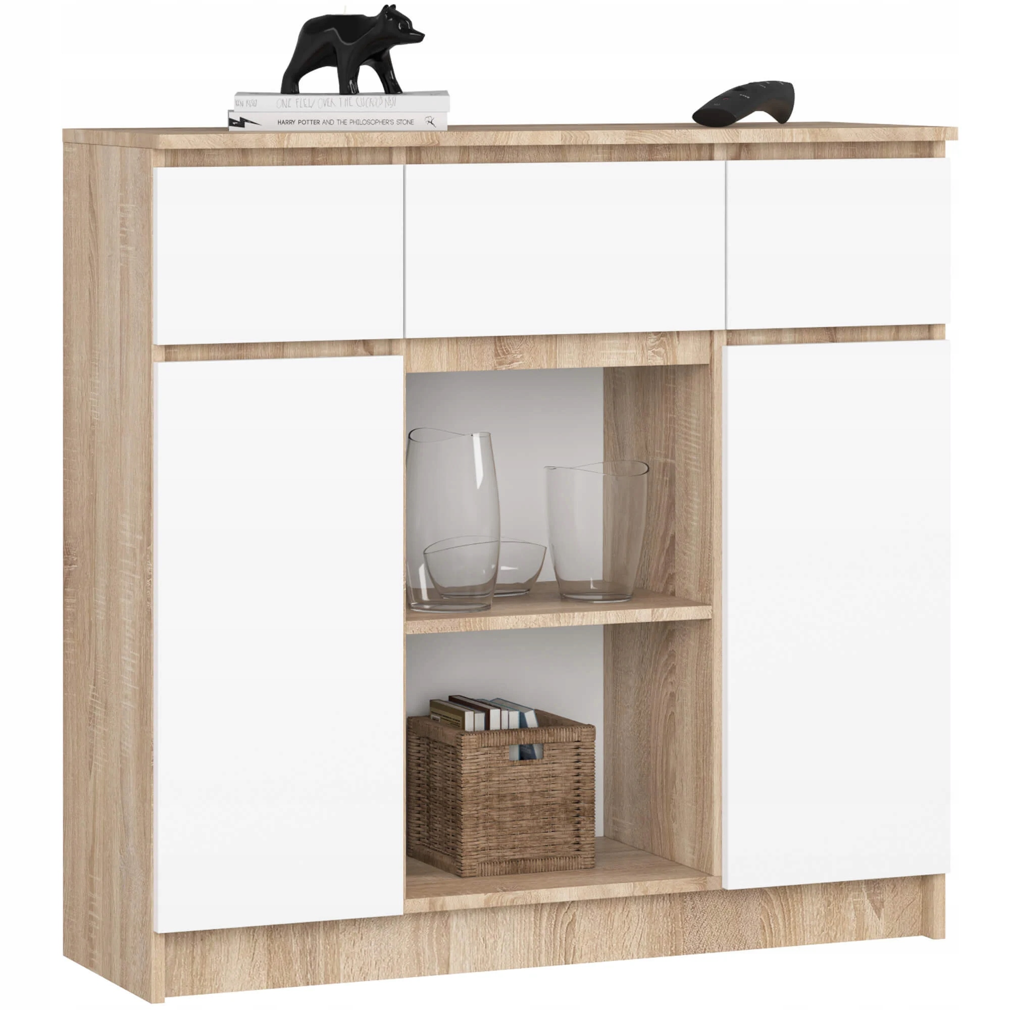 Komoda K100 Dub Sonoma Bílý 101x98x35 cm 3 zásuvky 2Dvířka