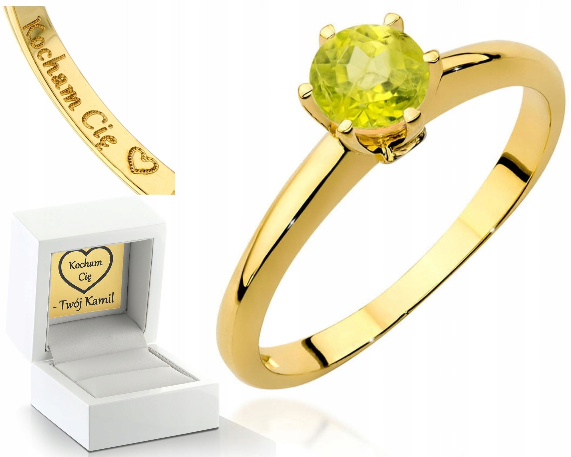 Zlatý Prstýnek S Olivínem Diamanty Gravírování 585