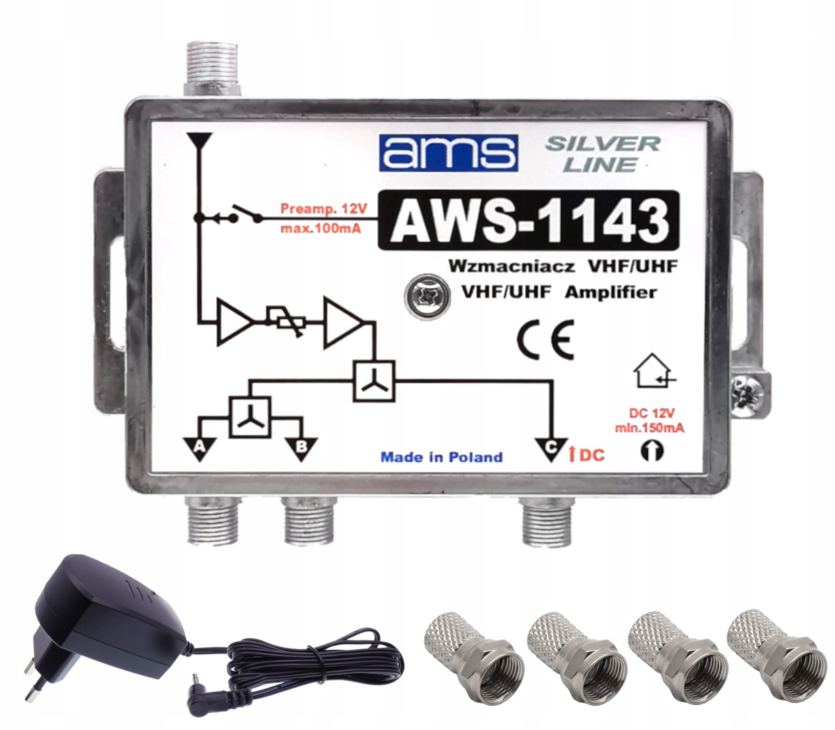

Wzmacniacz antenowy 3 Tv AWS-1143 DVB-T2 +zasilacz