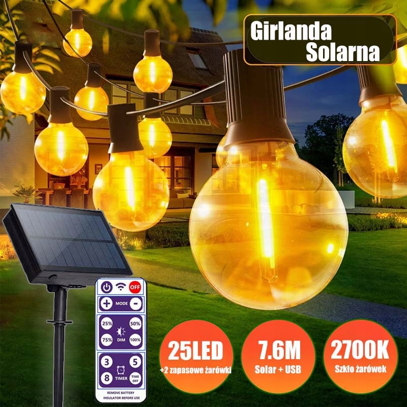 GIRLANDA SOLARNA LAMPKI OGRODOWA ŁAŃCUCH ŚWIETLNY 25x ŻARÓWKI LED Z PILOTA Długość 760 cm
