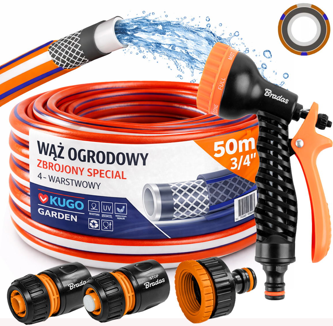 Hadice 3/4" 50 m 4 Vrstvy Spec Pistoletové Spojky Set Bradas