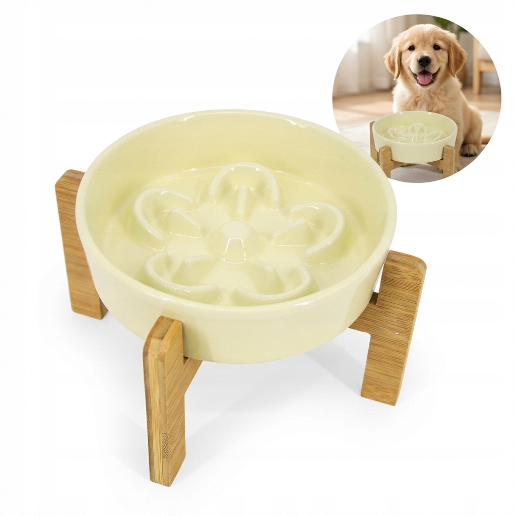 Levně Žlutá miska pro psy a kočky na pomalé krmení s dřevěným stojanem