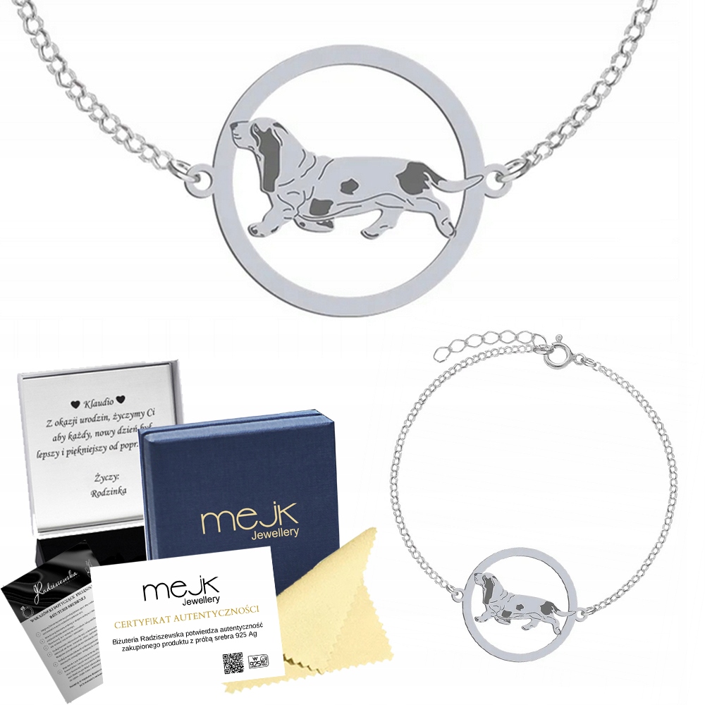 Stříbrný náramek se psem plemene Basset 925 Šperky Dárek Žena Gravírování
