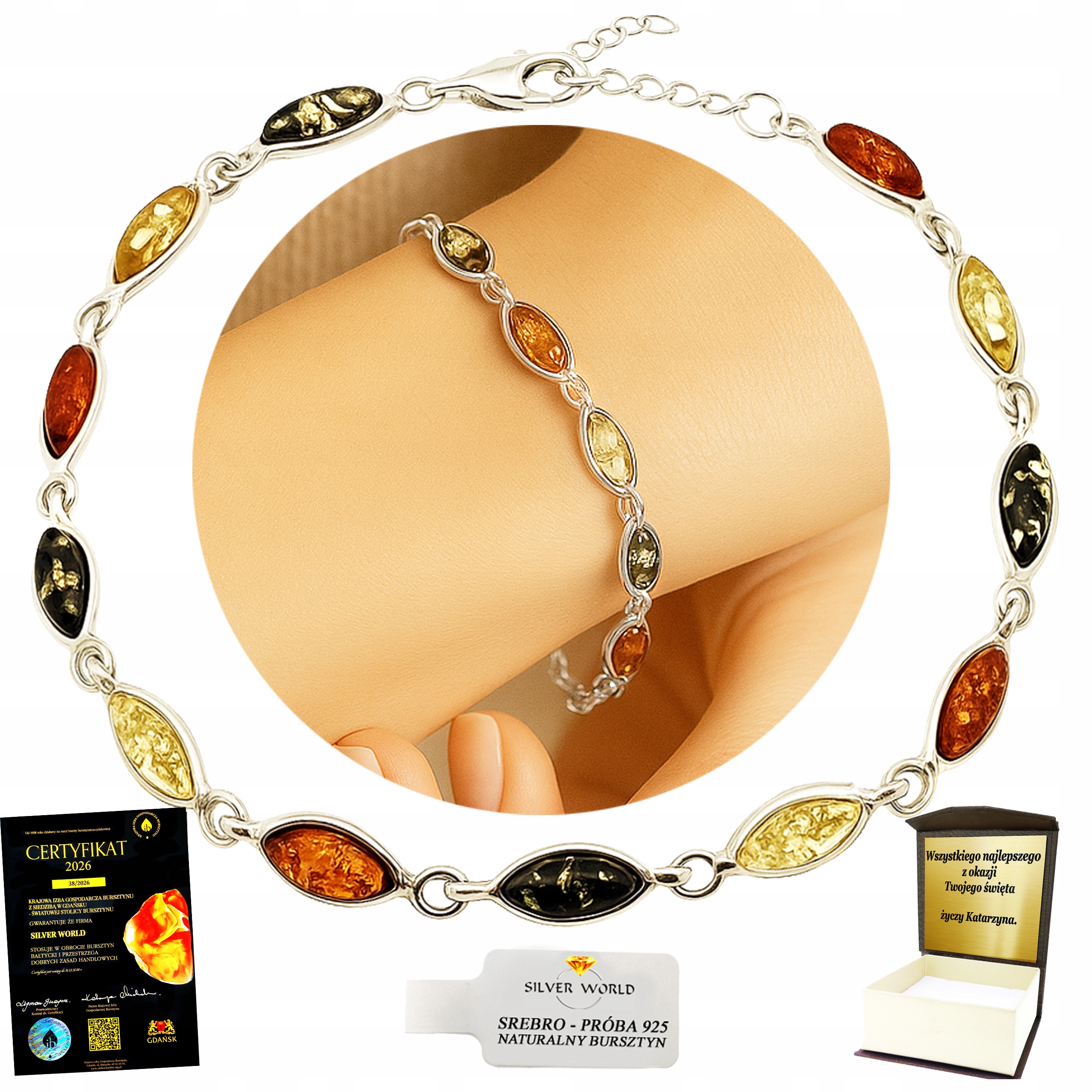 Bransoletka Srebrna 925 Z Bursztynem Damska Grawer