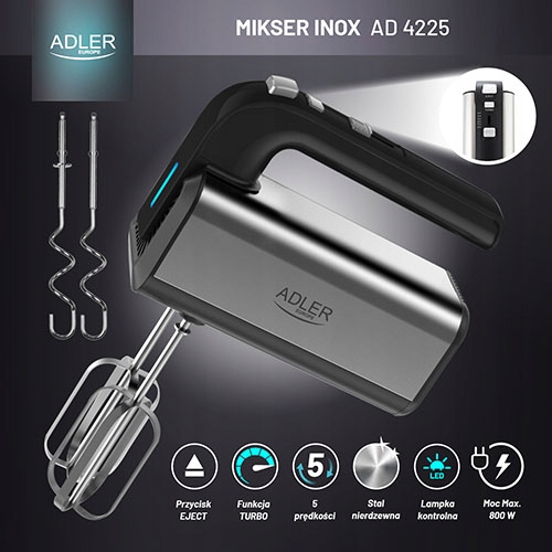 Mikser Ręczny INOX AD 4225 800W 5 Prędkości + TURBO